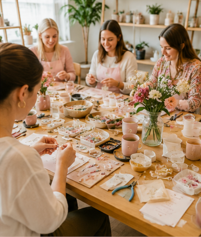 Four women sitting at a table, engaging in a craft activity with craft materials and flower arrangements, in a well-lit room with shelves and plants.