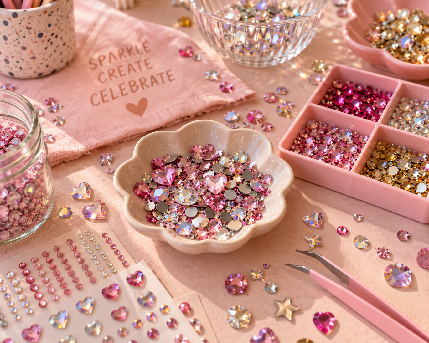 A collection of pink, gold, and iridescent rhinestones and craft supplies on a pink surface, with a pink cloth that says 'Sparkle Create Celebrate,' and small tools for crafting.