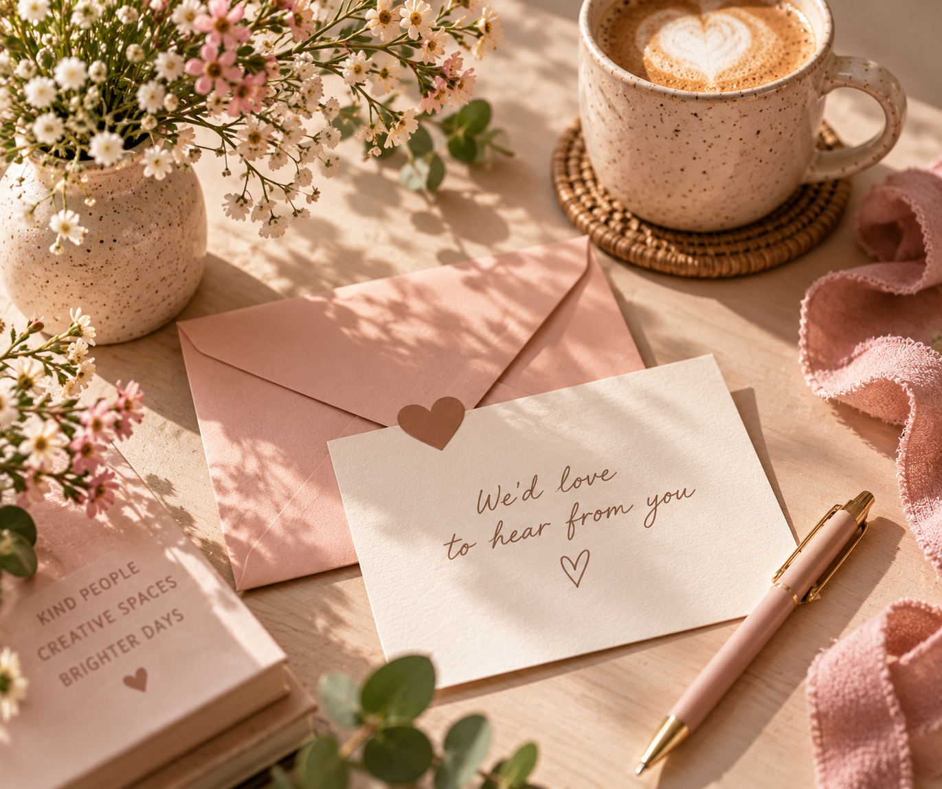 A romantic scene with a greeting card that says "We'd love to hear from you" and a heart illustration, pink envelope, white book with a quote, pink pen, a mug of coffee with latte art, pink fabric, flowers, and greenery on a wooden table.