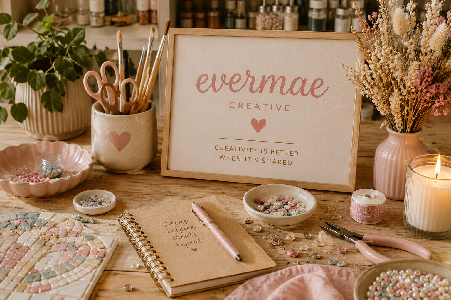 A workspace with craft supplies including a sign that reads "evermae CREATIVE" and "Creativity is better when it's shared". The desk has bowls and containers with beads, a small notebook with a pink pen, scissors, a candle, a pink vase with dried flowers, a potted plant, and various craft tools and materials arranged for jewelry making or decorating.