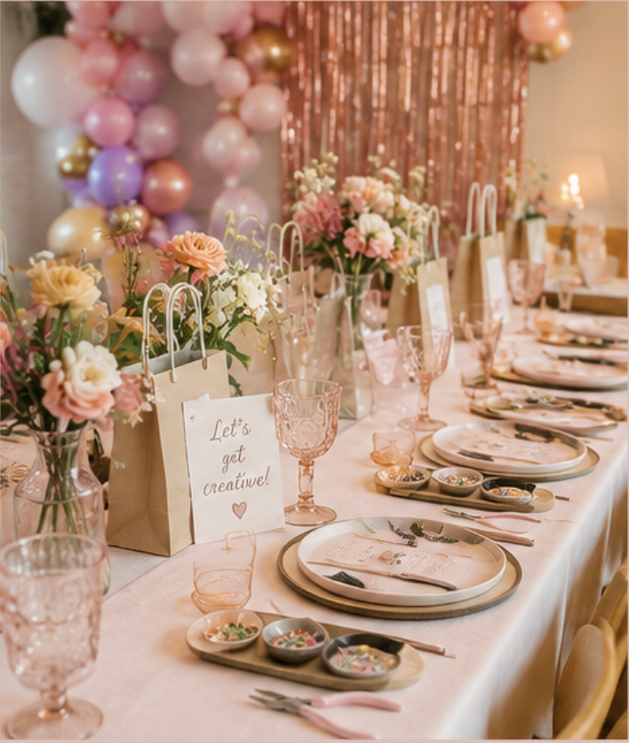 A decorated table for a celebration with pink and pastel-colored flowers, balloons in pink, purple, gold, and white, and pink glassware. The table is set with plates, napkins, and small decorative bowls, and has a pink theme with a backdrop of pink balloons and a shimmering curtain.