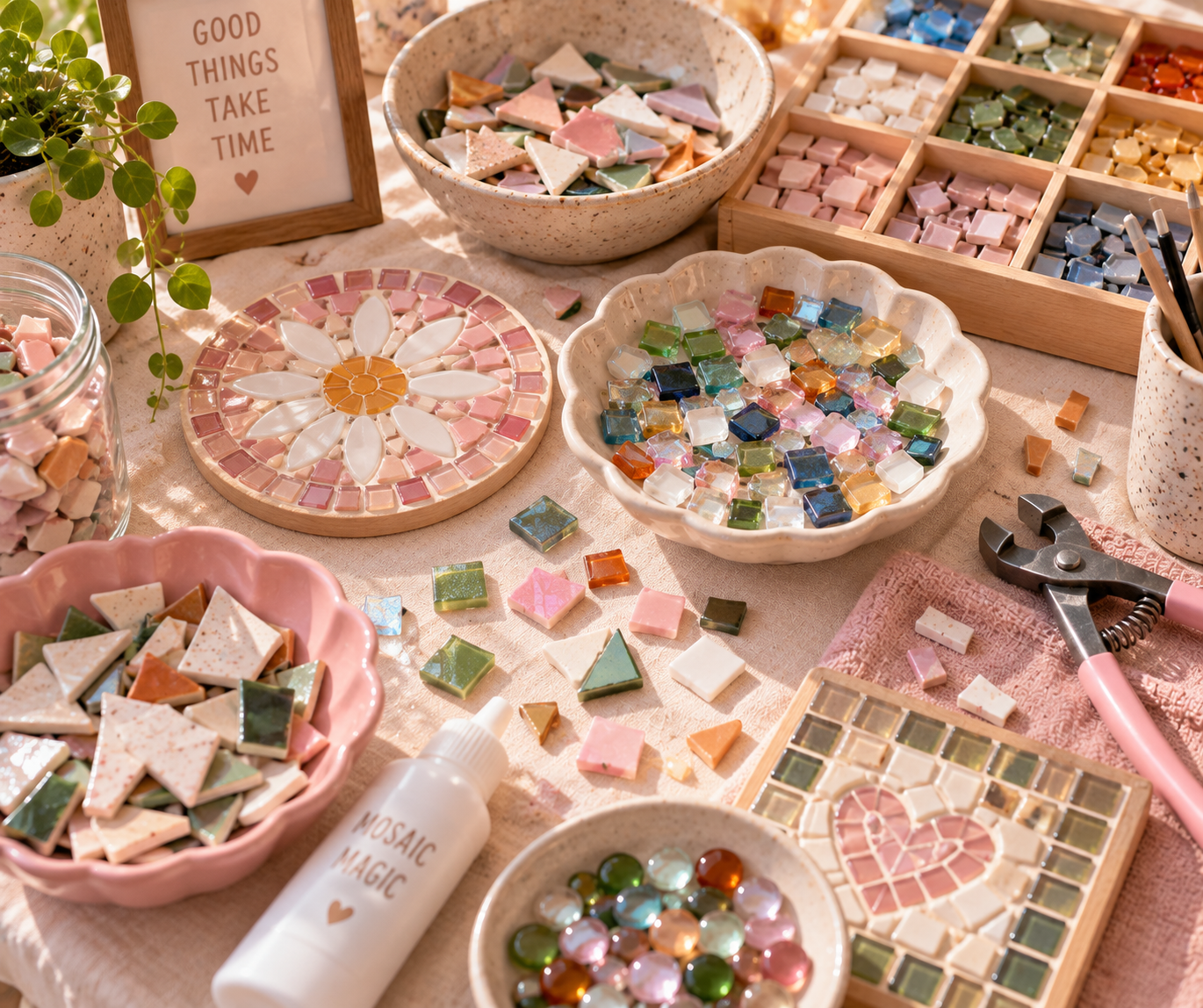 A craft workspace with various mosaic tiles, tools, and supplies arranged on a light fabric surface. There are bowls and trays filled with colorful mosaic pieces, a pair of tile nippers, a bottle labeled 'Mosaic Magic,' and decorative pieces like a tile with a heart design. A small framed sign reads 'Good Things Take Time,' and a plant adds a touch of greenery.