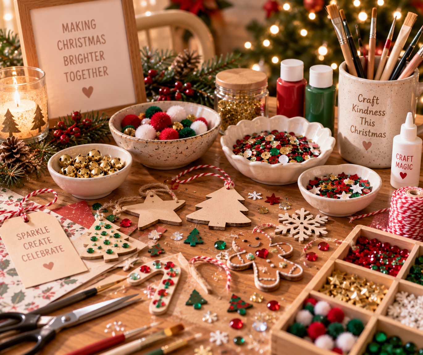 A festive table with Christmas craft supplies, including jars of glitter, tubes of paint, brushes, scissors, and decorated ornaments, surrounded by holiday decorations, signs with Christmas messages, and crafting materials like pom-poms, sequins, and ribbons.