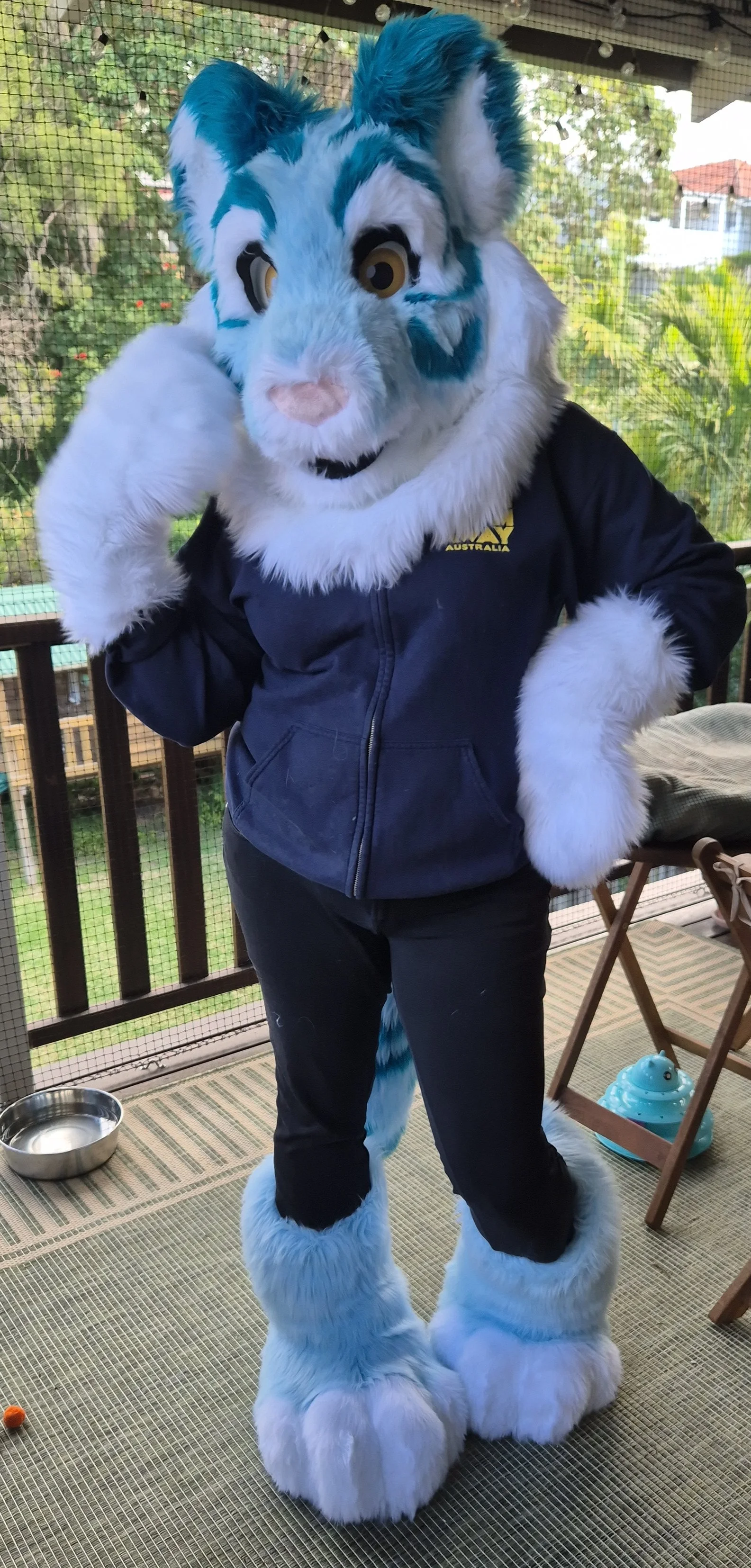 Person in a blue and white tiger fursuit with large paws, posing thoughtfully.