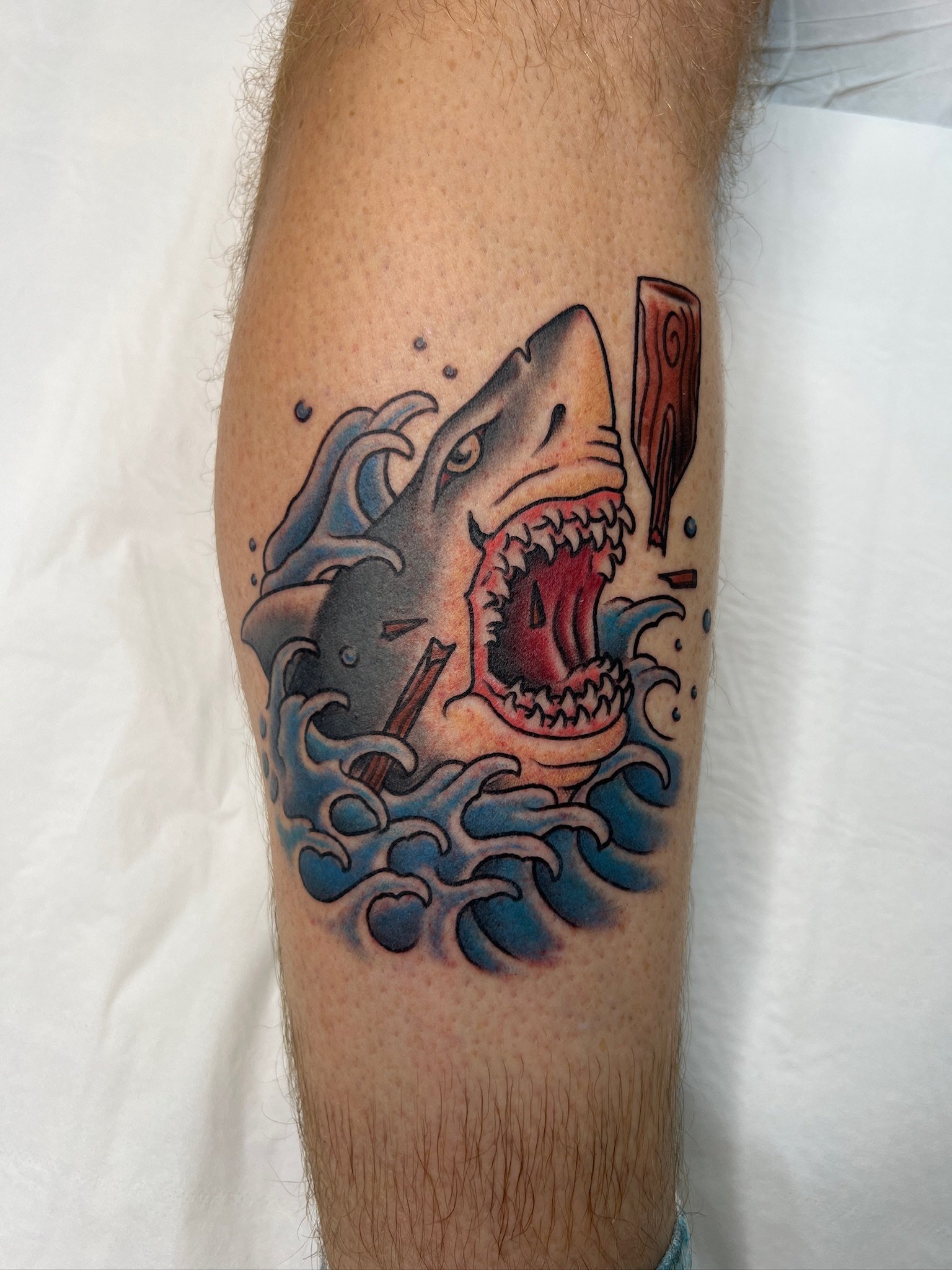Tattoo of a shark with an open mouth showing sharp teeth, surrounded by blue ocean waves, on a person's forearm.