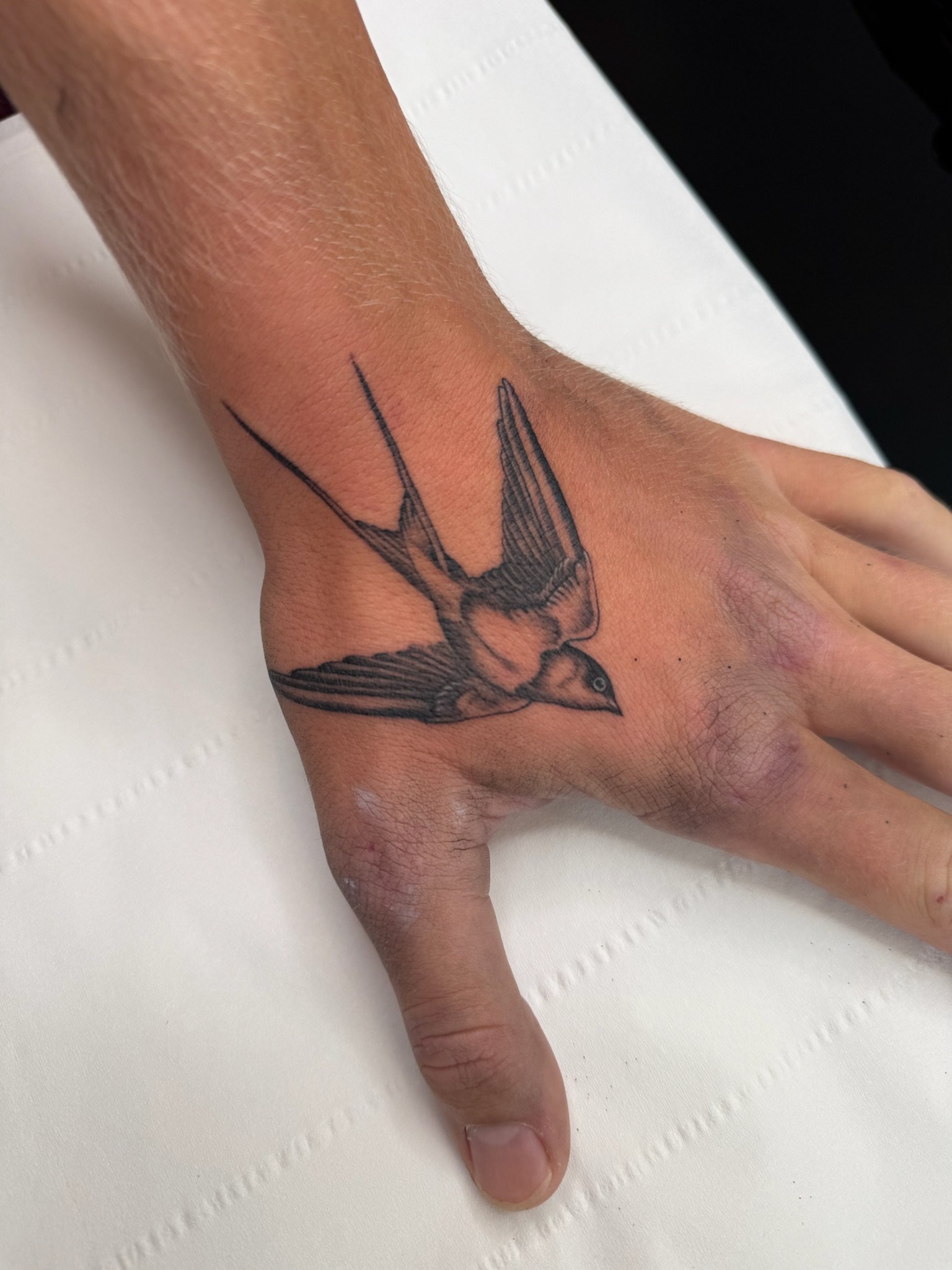 Close-up of a person's hand making a pointing gesture, with a tattoo of a bird on the wrist.