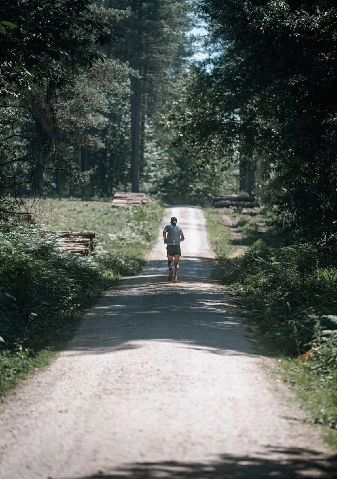 A person jogging on a dirt trail through a dense, green forest with tall trees and sunlight filtering through the leaves.