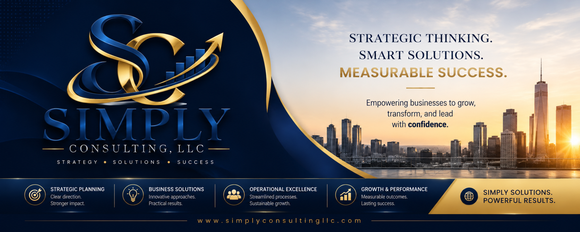 Business consulting advertisement banner featuring a city skyline at sunset, with the company name 'Simply Consulting LLC' and the slogans 'Strategic Thinking,' 'Smart Solutions,' 'Measurable Success,' and 'Empowering businesses to grow, transform, and lead with confidence.' Includes icons and text highlighting services like strategic planning, business solutions, operational excellence, and growth and performance.