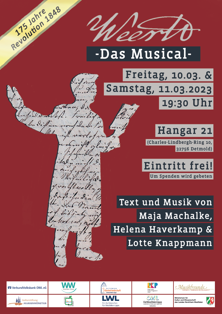Poster für ein Musical namens "Weerth" mit Text und Musik von Maja Machalke, Helena Haverkamp und Lotte Knappmann.