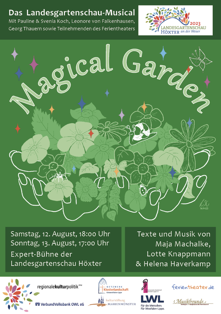 Ein grünes Plakat für das Musical "Magical Garden" im Rahmen der Landesgartenschau Höxter 2023.
