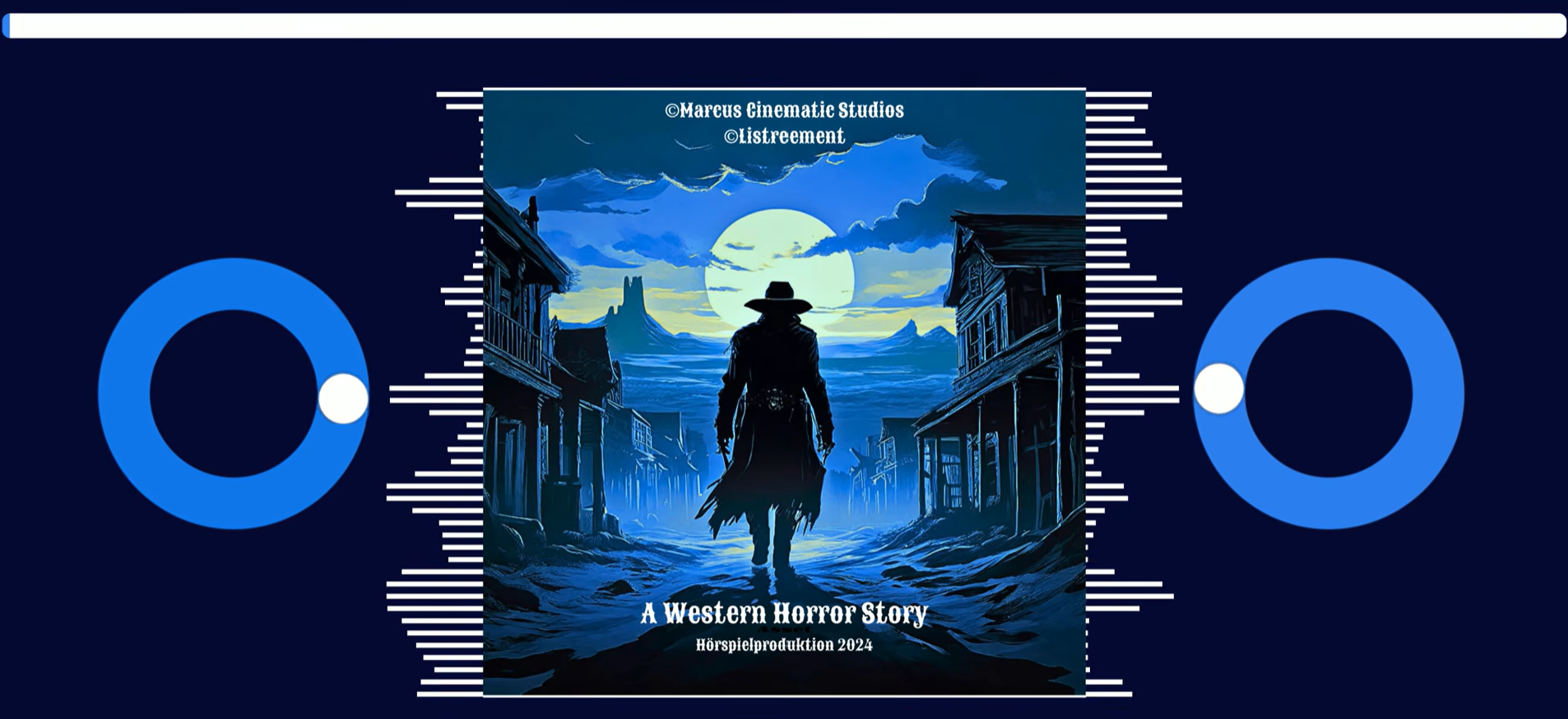 Plakat für eine Horror-Hörspielproduktion mit Western-Thema, zeigt eine Silhouette eines Cowboys in einer verlassenen Stadt bei Vollmond, mit Bergen und Felsen im Hintergrund, dunkler Himmel und Wolken, Titel: "A Western Horror Story" und Hinweise auf das Jahr 2024.