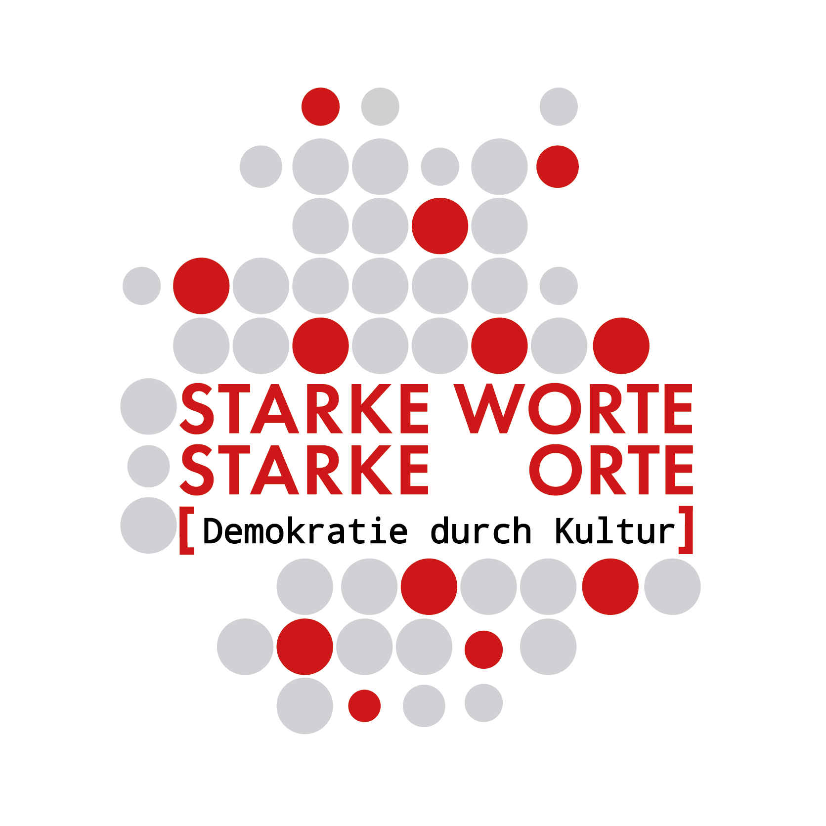 Ein Logo mit roten und grauen Kreisen, das den Titel 'Starke Worte, Starke Orte' enthält und den Untertitel 'Demokratie durch Kultur' zeigt.
