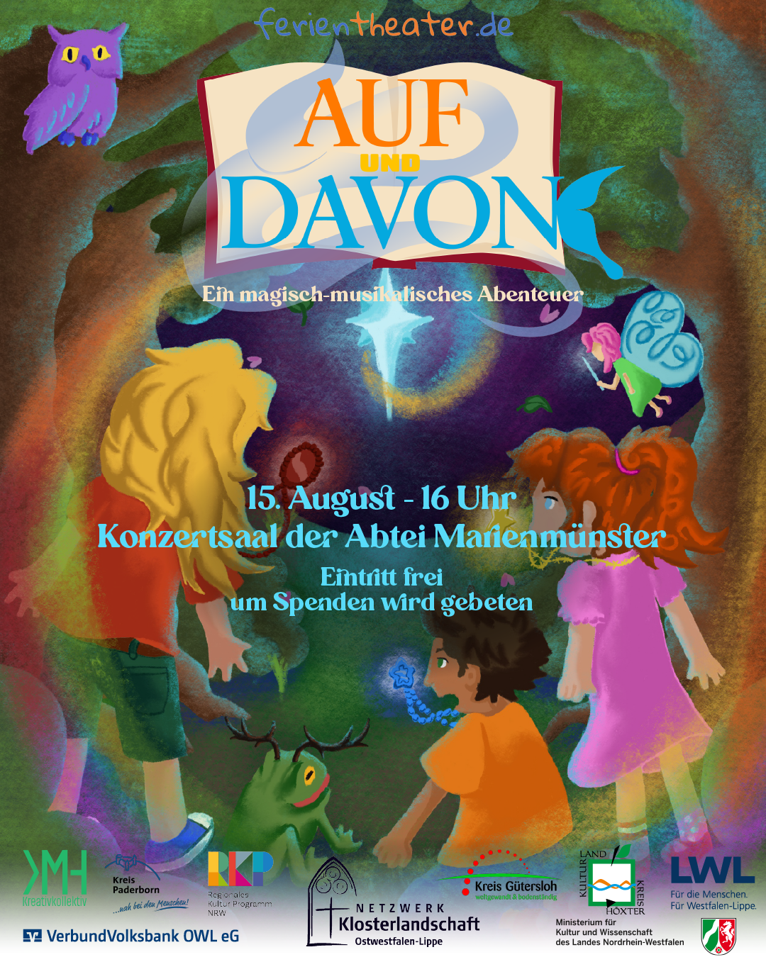 Ein buntes Plakat für ein musikalisches Theaterstück namens "Auf und Davon" mit Fantasiewesen und Kindern.