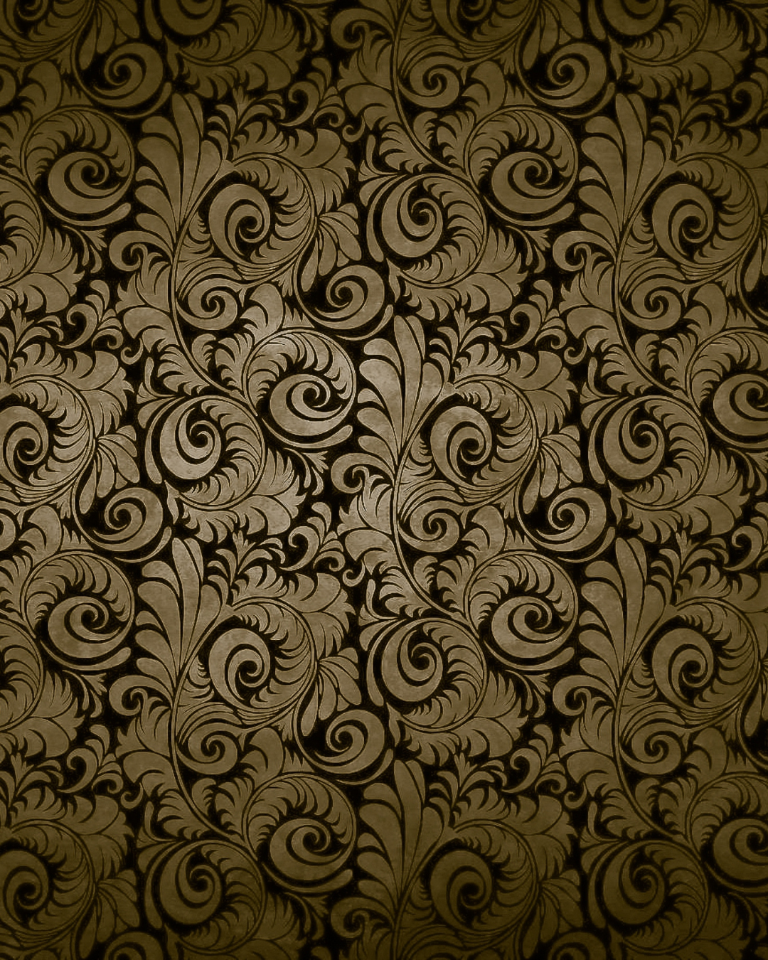 A decorative pattern with gold and black ornate swirling floral motifs.