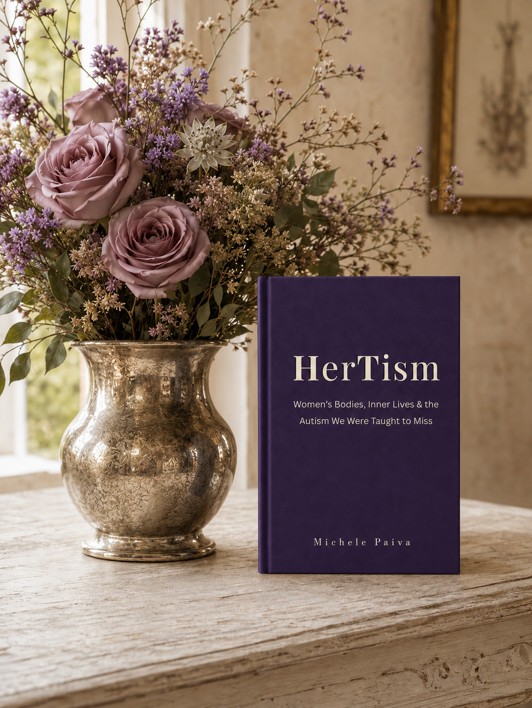 A silver decorative vase filled with purple roses, lavender, and white flowers, placed on a rustic wooden table beside a purple book titled 'HerTism' by Michele Paiva.