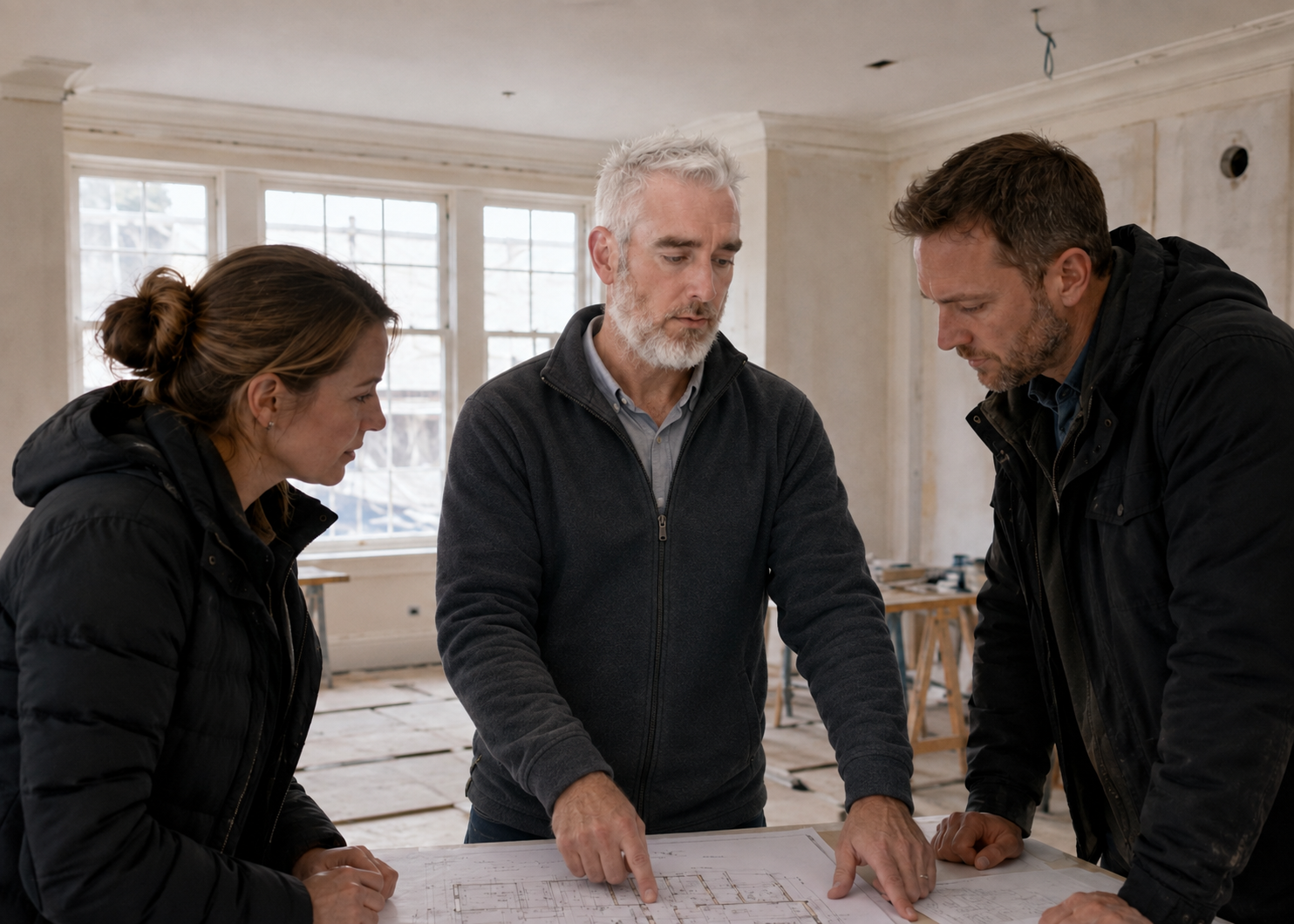 Three people looking at a blueprint or plan on a table in a room under renovation.