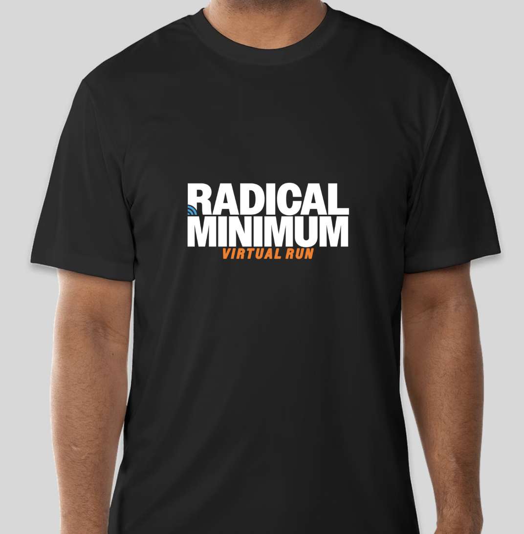 Black T-shirt with white and orange text that reads "RADICAL MINIMUM VIRTUAL RUN" with a small blue Wi-Fi signal icon.