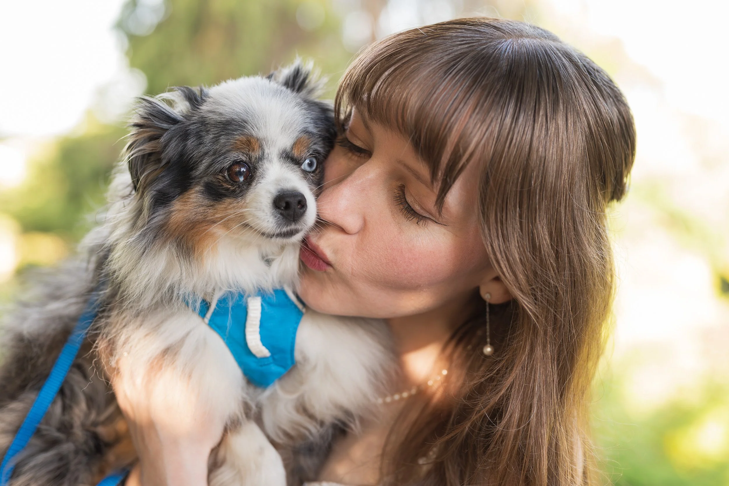A woman with brown hair holding and kissing a small Australian Shepherd puppy with heterochromatic eyes, one blue and one brown, outdoors during daytime.