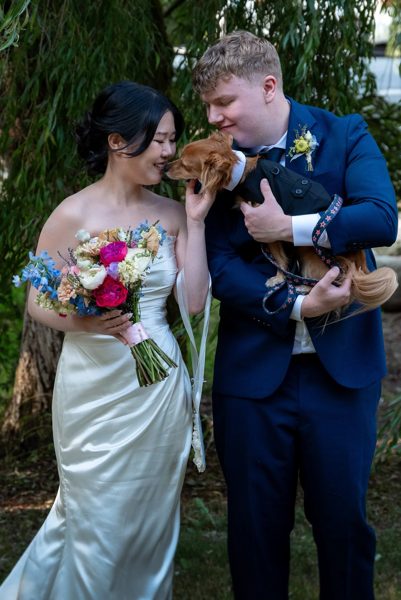 A bride and groom interact with a small brown dog dressed in a black jacket, outdoors, with trees in the background.