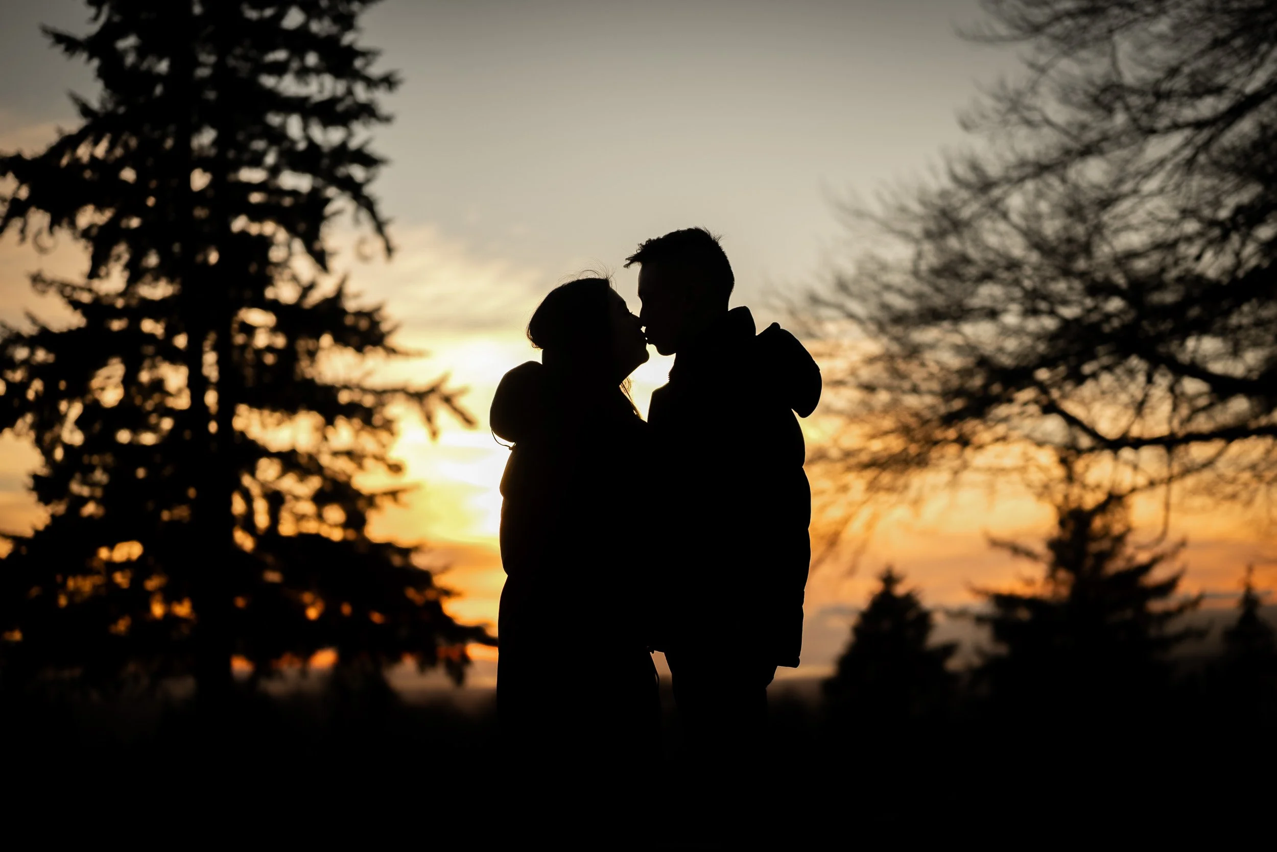 Silhouette of a couple kissing outdoors during sunset, with trees in the background at Burnaby Mountain proposal photoshoot.