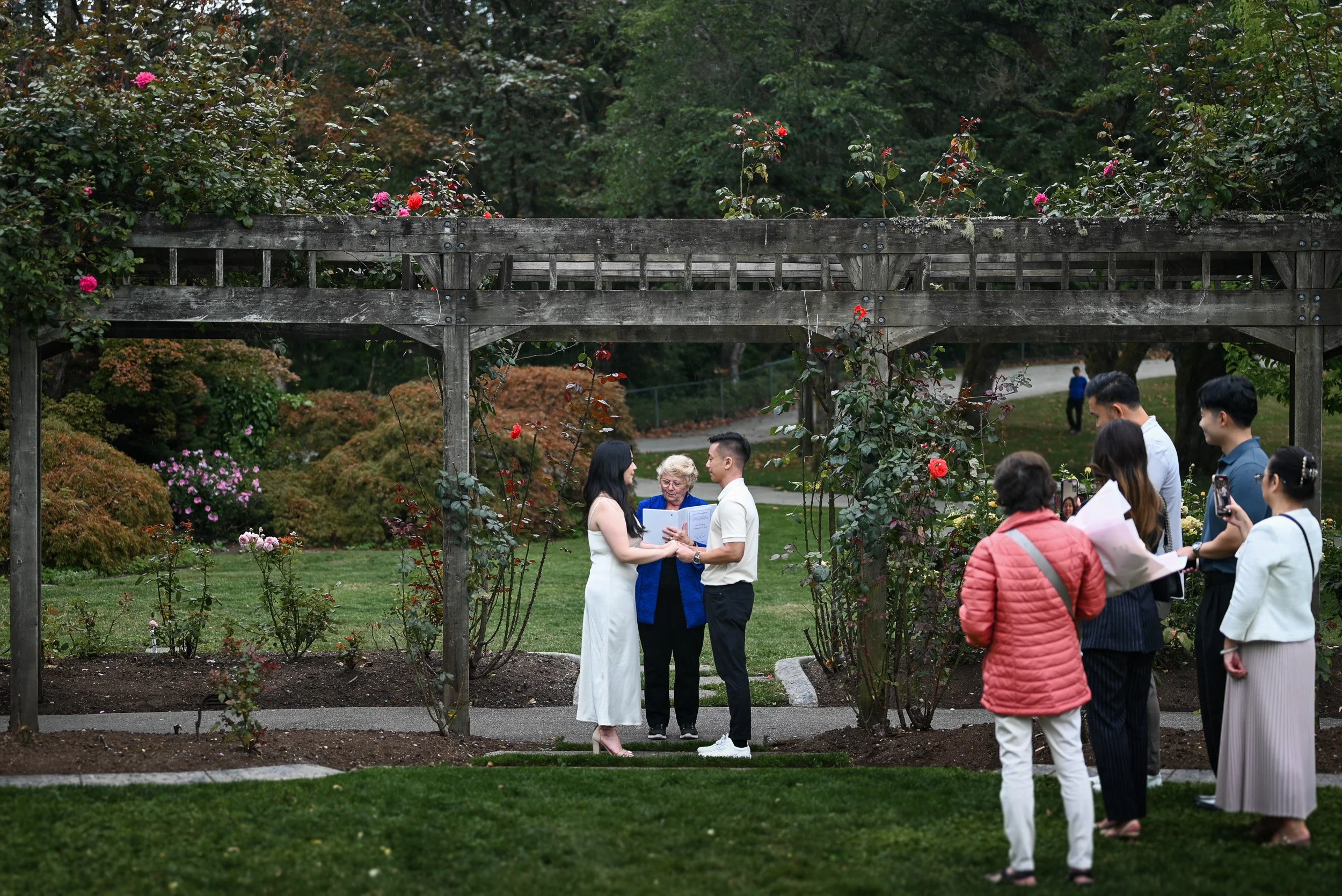 A wedding ceremony outdoors with the bride and groom holding hands, surrounded by guests, in a garden with rose bushes and a wooden arbor.