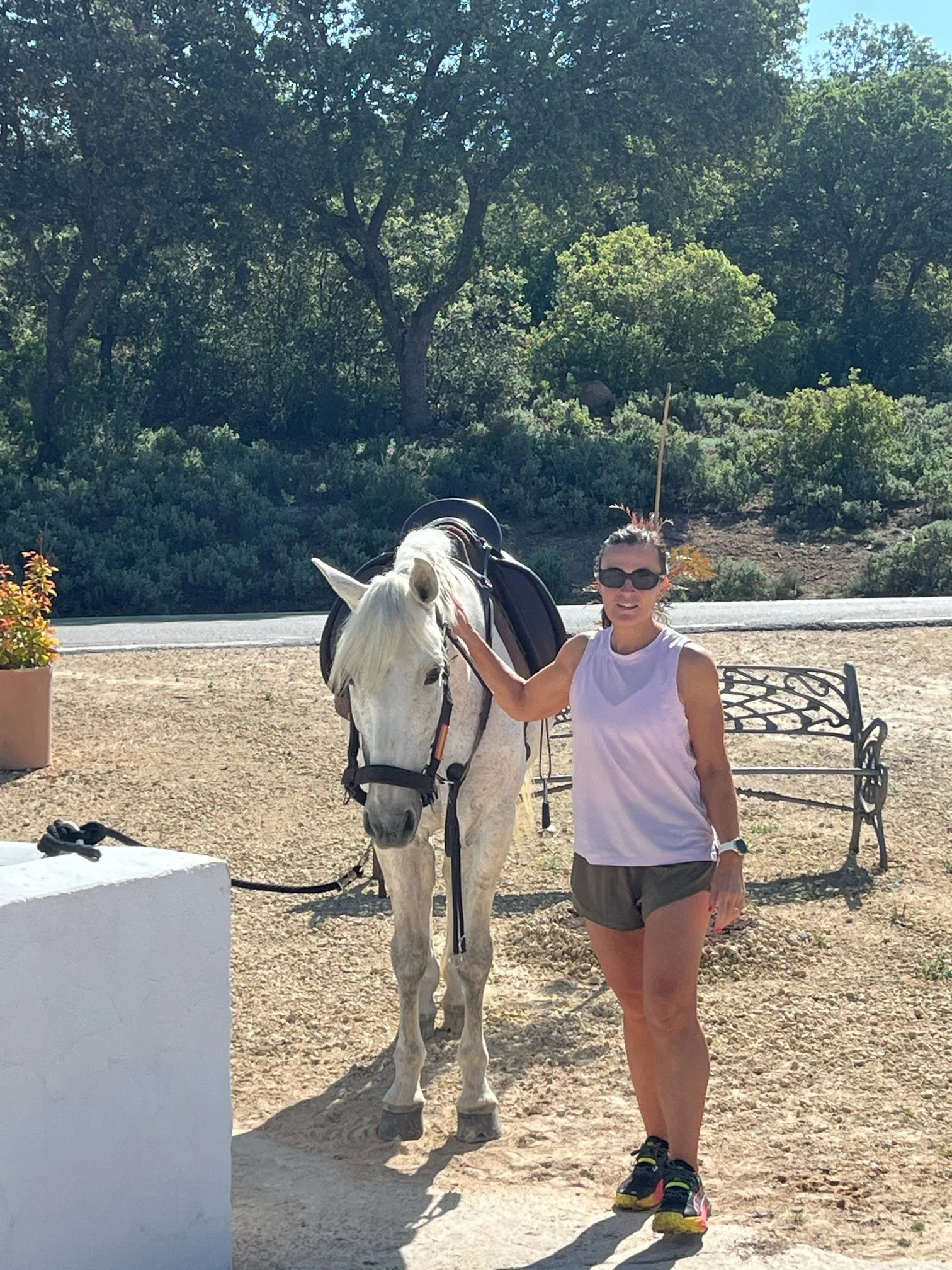 A woman in sunglasses and athletic clothing standing next to a white horse with a saddle and bridle. They are outdoors on a sunny day with trees and greenery in the background. There is a bench nearby.
