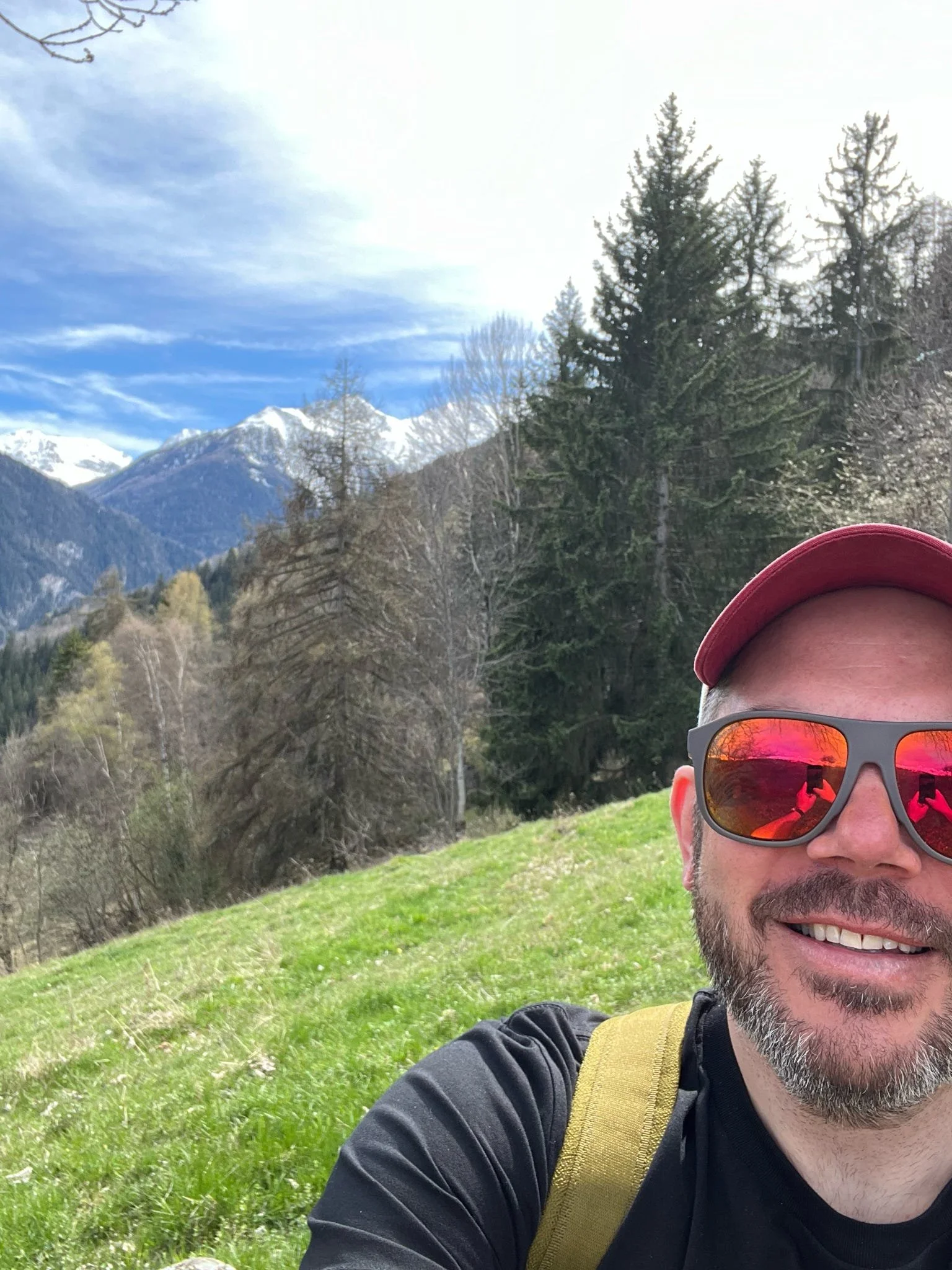 A man wearing sunglasses, a red cap, and a black shirt, smiling while taking a selfie outdoors during daytime, with green grass, trees, and snow-capped mountains in the background.