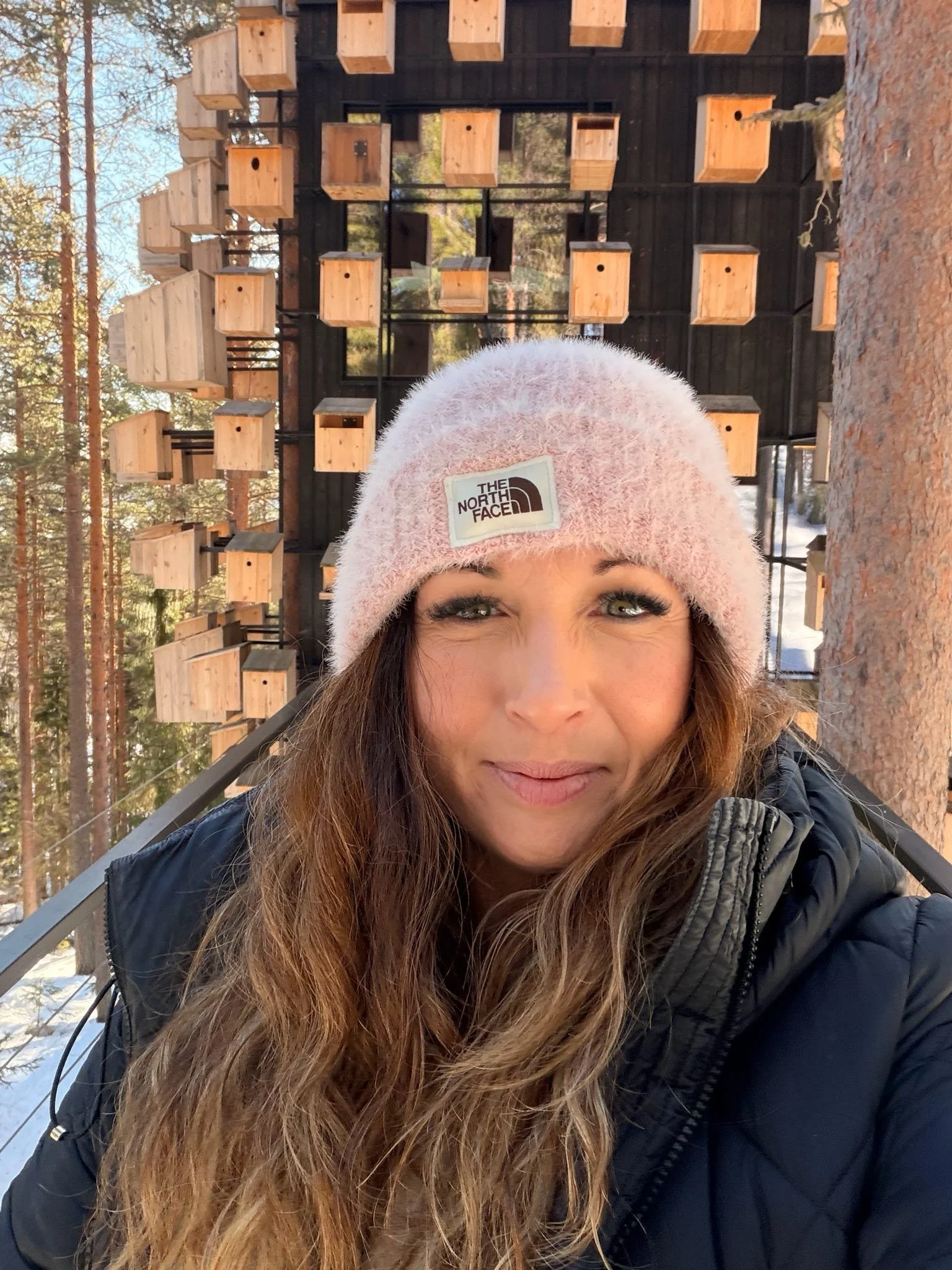 A woman with long brown hair wearing a pink North Face beanie and a dark puffy jacket, standing in a forested area with snow on the ground, with birdhouses mounted on a black structure behind her.