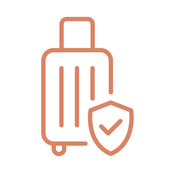 Outline icon of a suitcase with a shield and checkmark in front of it, representing travel security.