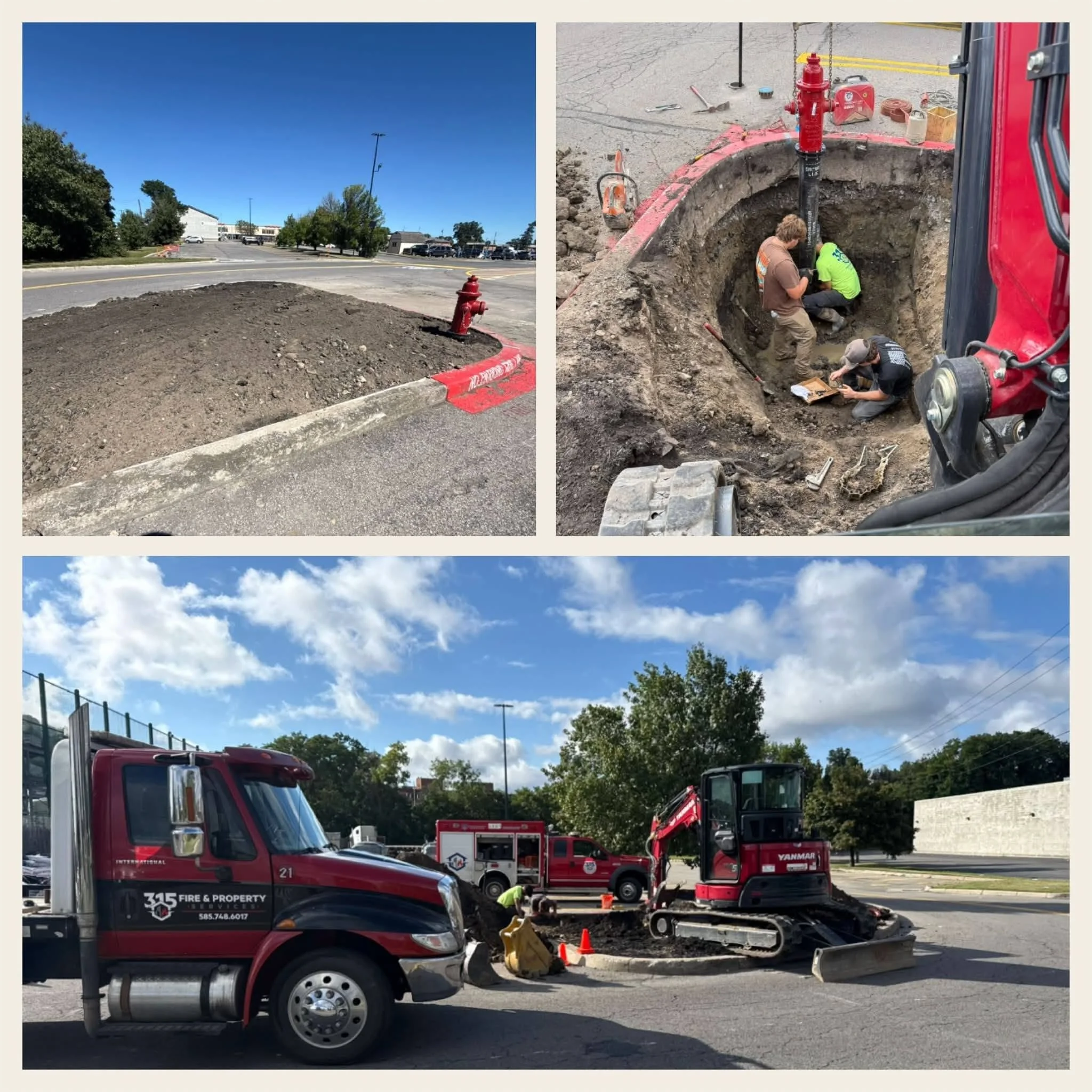 Construction workers and equipment digging a hole in a parking lot for utility work, surrounded by trucks and tools under a partly cloudy sky.