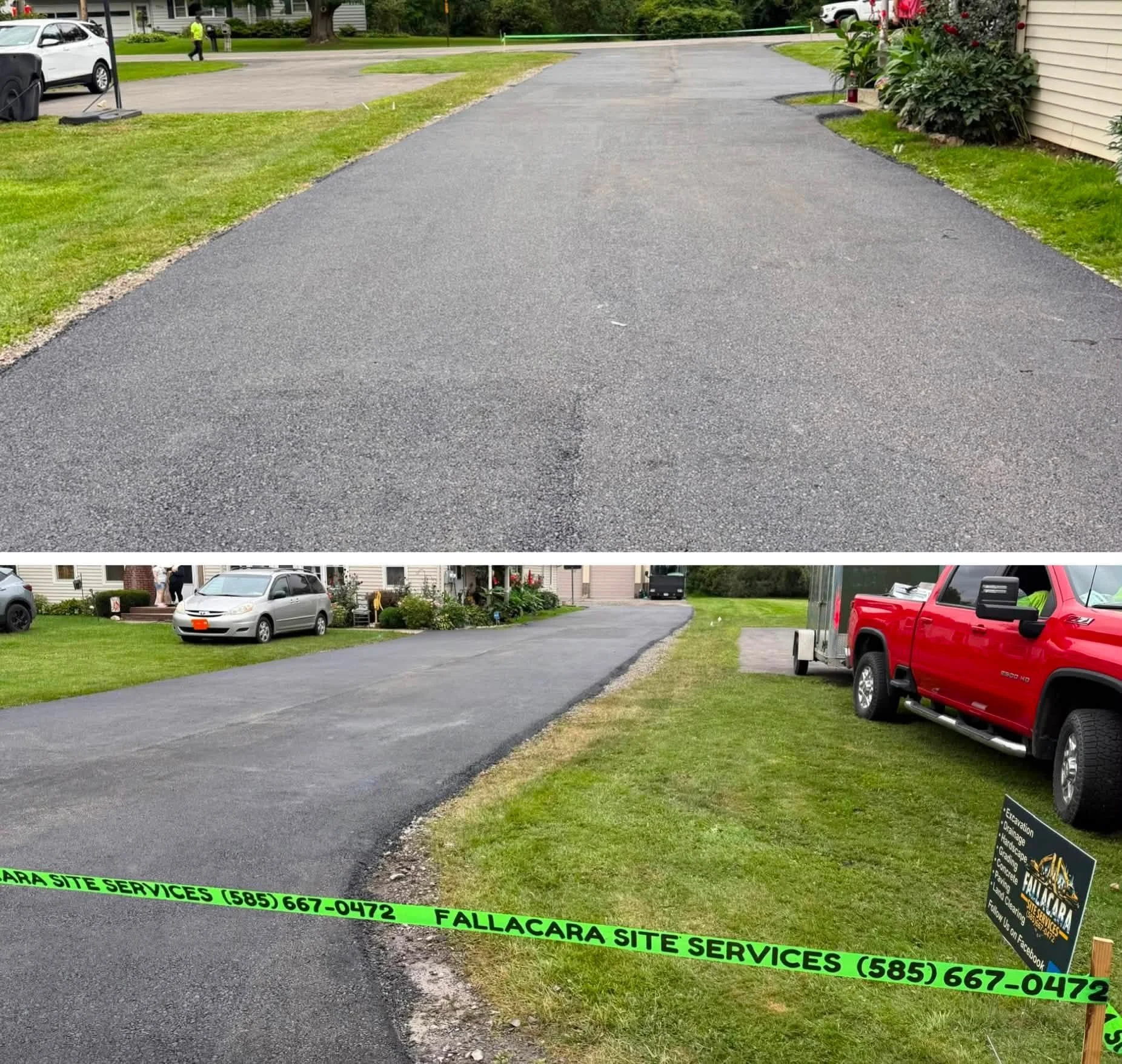 A paved driveway in a residential neighborhood with grass on both sides, parked cars, a house, trees, and a person walking in the background. A green caution tape at the bottom of the image reads, 'FALLACARA SITE SERVICES' along with a phone number.
