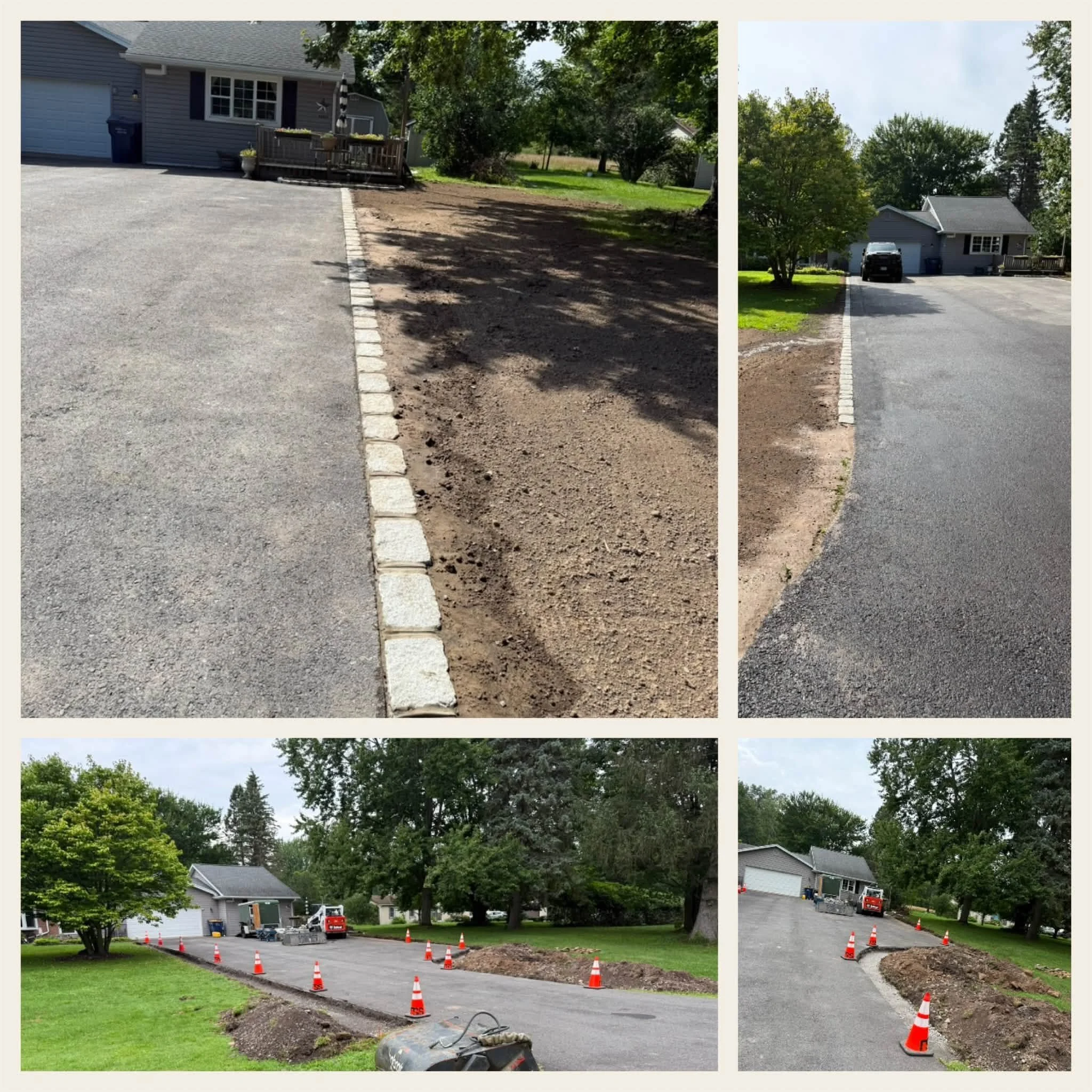 Progression of driveway resurfacing in a suburban neighborhood, showing initial dirt work, a partially paved driveway with traffic cones, and a completed paved driveway with houses and trees in the background.