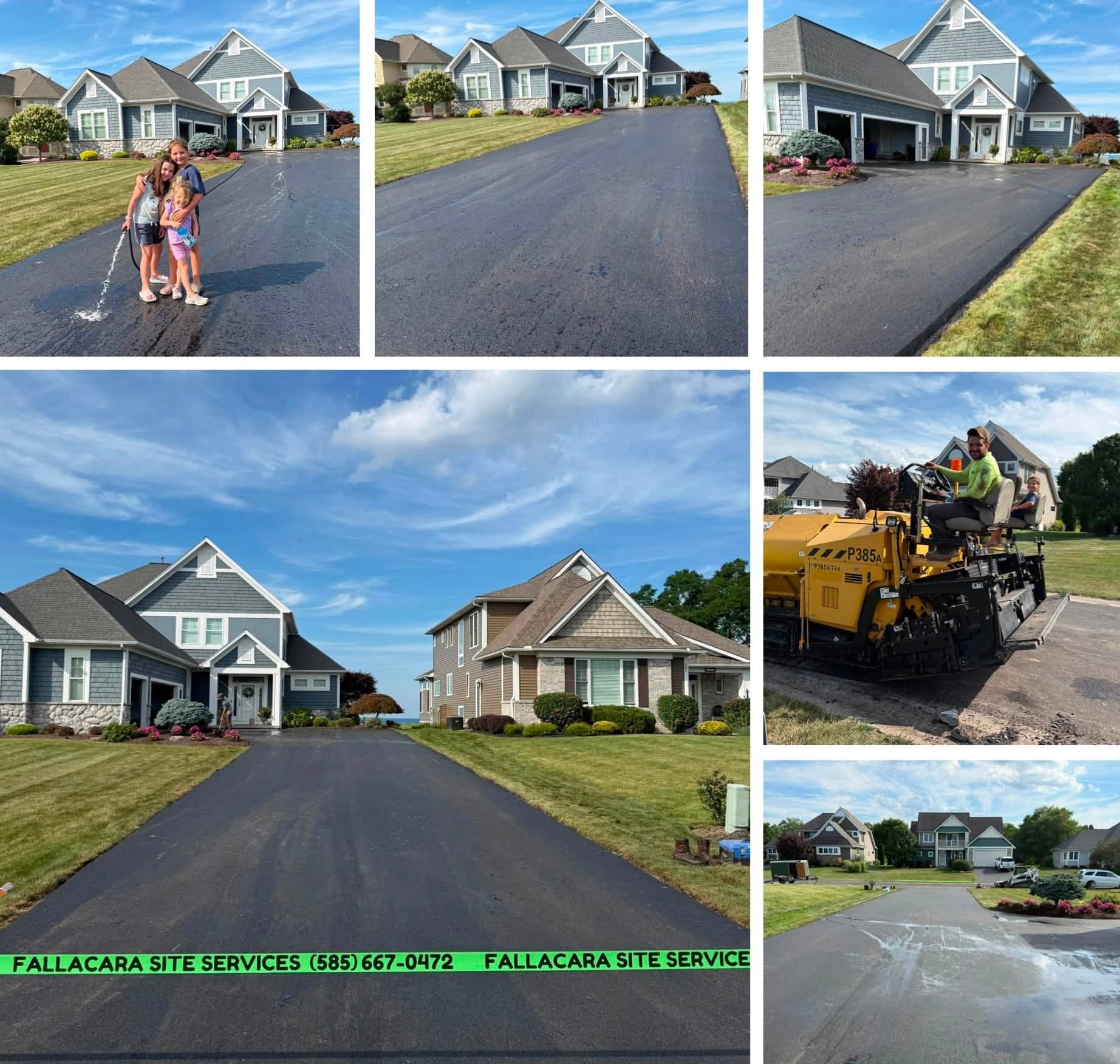 Collage of images showing a newly resurfaced asphalt driveway in front of suburban houses, with children and a man operating a paving machine. The bottom strip advertises Fallacara Site Services with contact information.