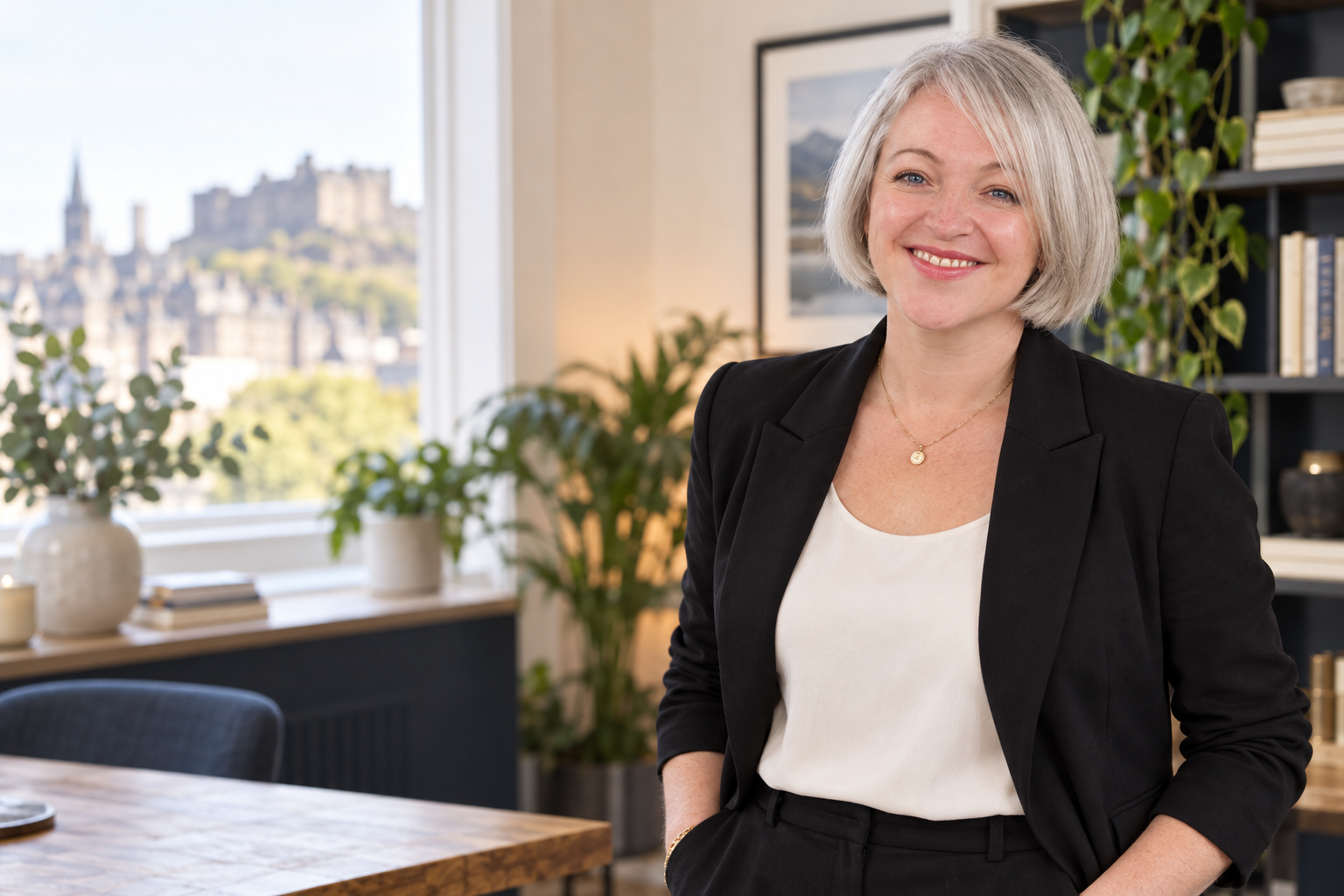 A woman with short gray hair smiling in an office with large windows, plants, and a view of a castle on a hill in the background.