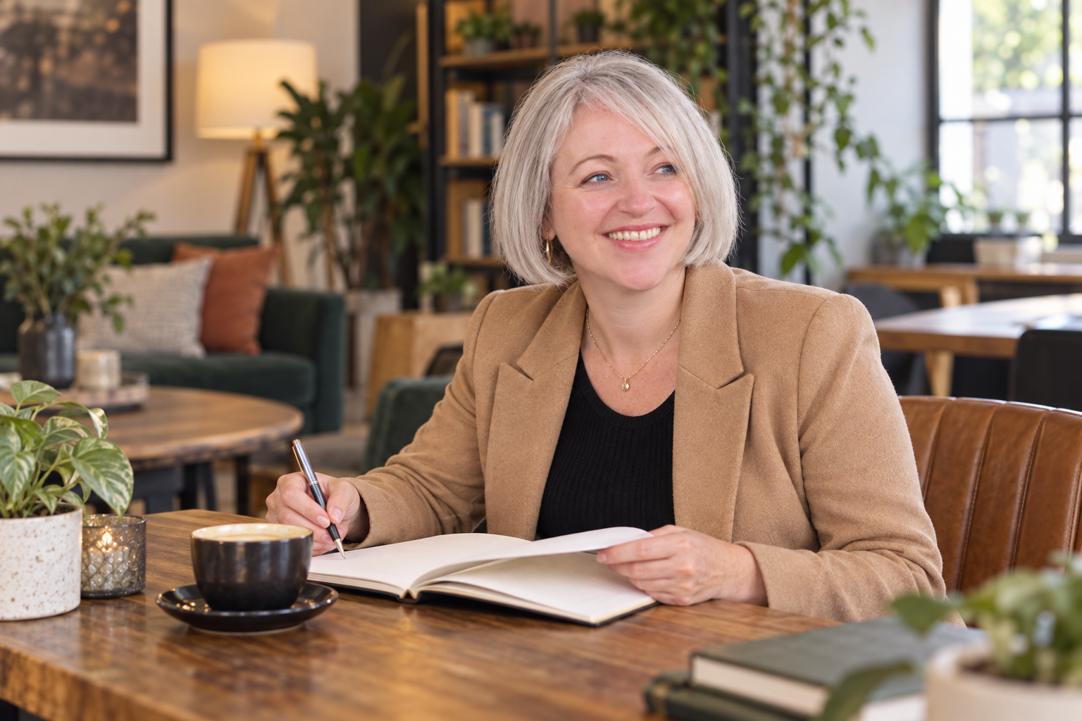 A smiling middle-aged woman with short blonde hair sitting at a wooden table in a cozy, well-lit coffee shop, holding a pen and looking away with an open notebook in front of her, surrounded by plants and books.
