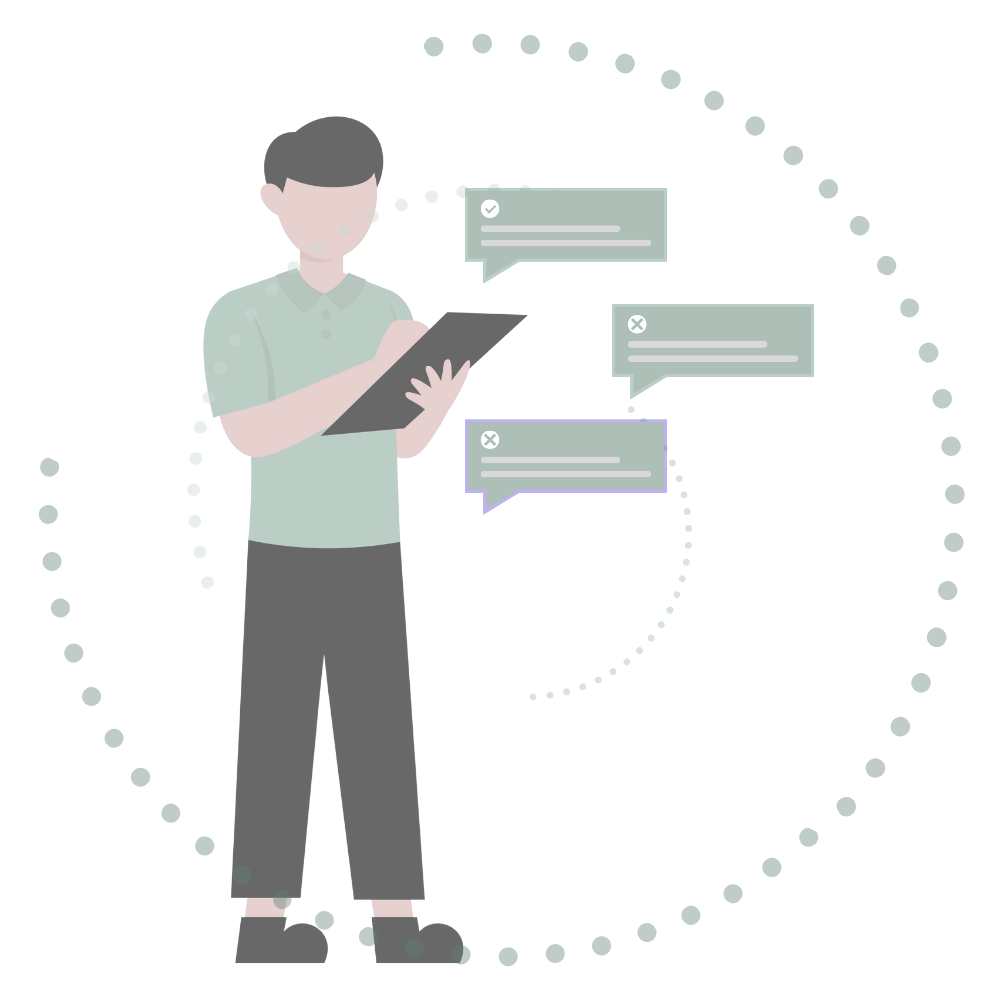 Illustration of a person using a tablet with floating chat bubbles around them, representing digital communication or messaging.