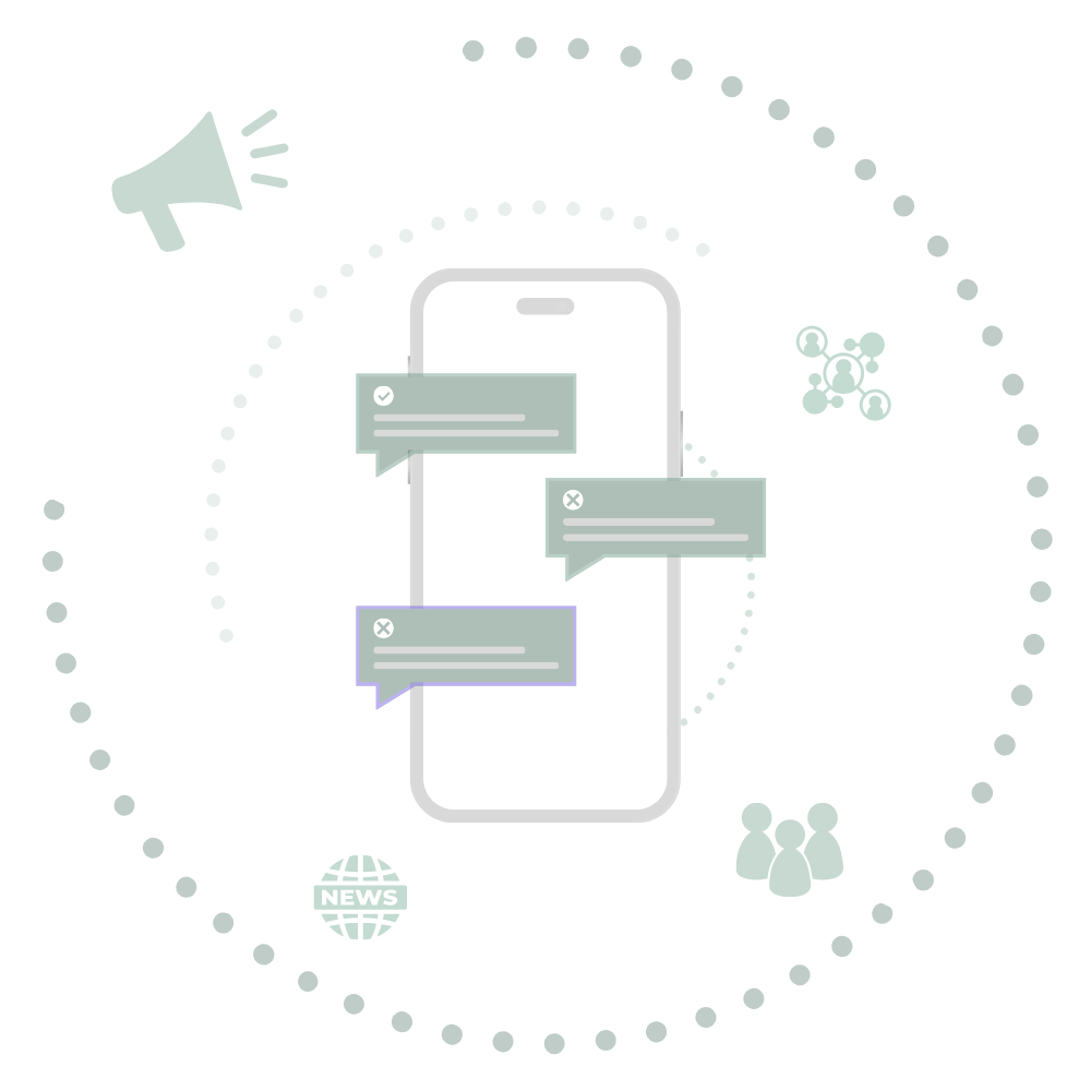 Illustration of a smartphone with speech bubbles and icons representing news, communication, and social media surrounding it.