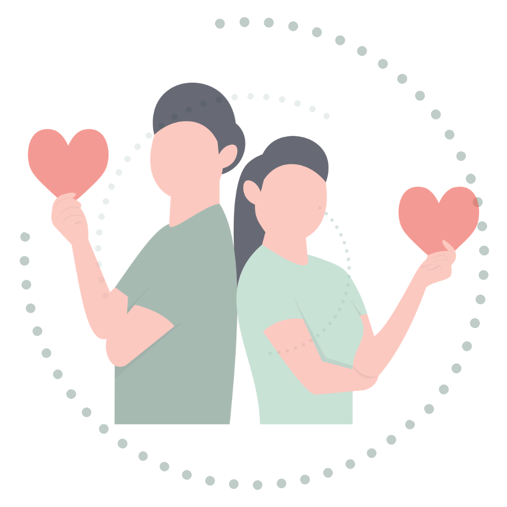 A man and woman standing back to back, each holding a red heart in one hand, surrounded by a dotted heart shape.