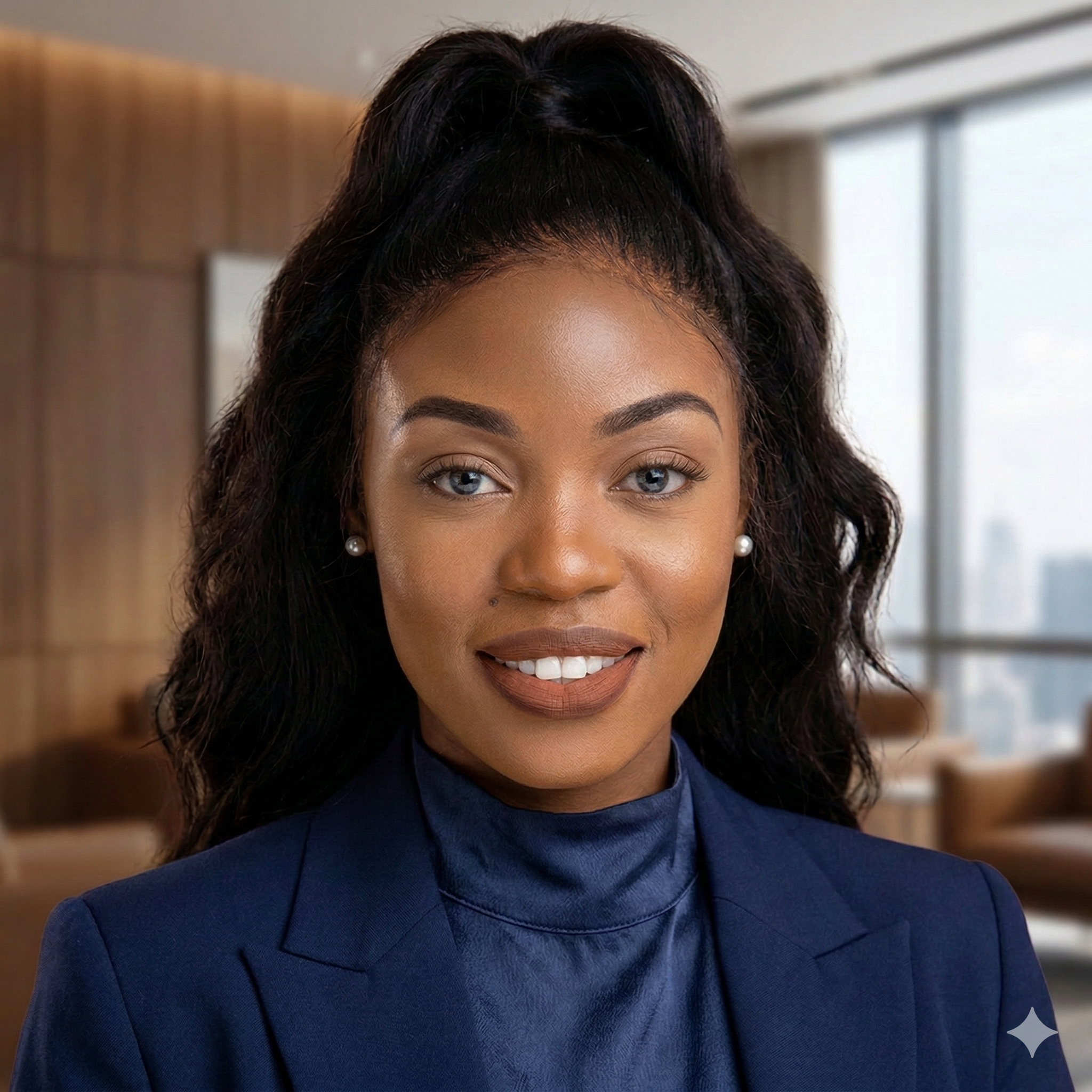 A woman with dark hair in a high ponytail, wearing pearl earrings and a dark blue blazer, smiling in a modern office with large windows.