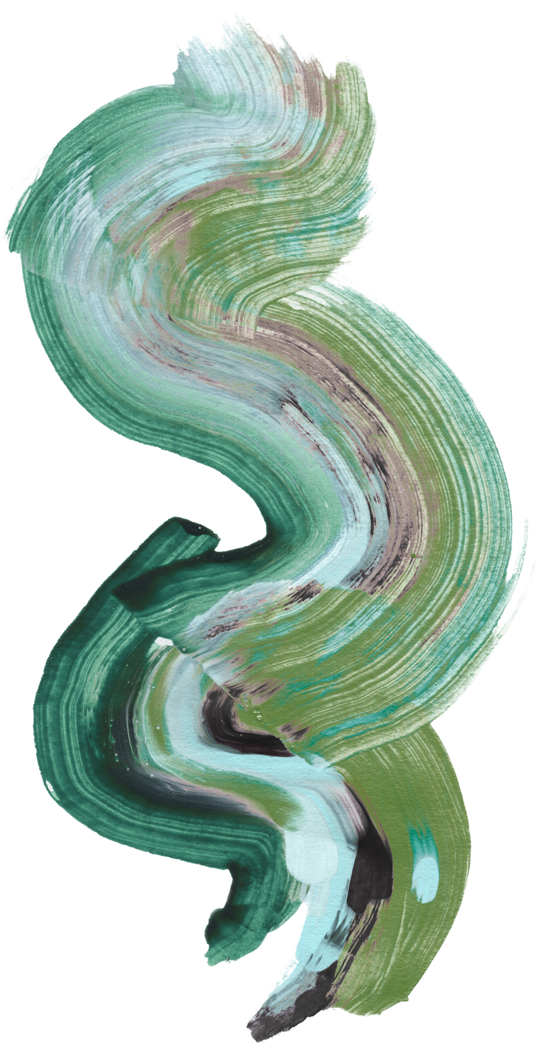 Abstract watercolor painting with swirling shades of green, blue, and hints of brown and black.