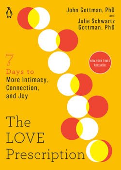 Book cover for "The Love Prescription: 7 Days to More Intimacy, Connection, and Joy" by John Gottman, PhD, and Julie Schwartz Gottman, PhD, featuring overlapping red and white circles on a yellow background.