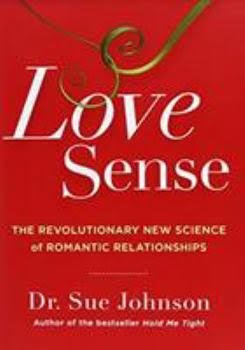 Book cover of “Love Sense” by Dr. Sue Johnson, featuring white title text on a red background and a green decorative swirl.