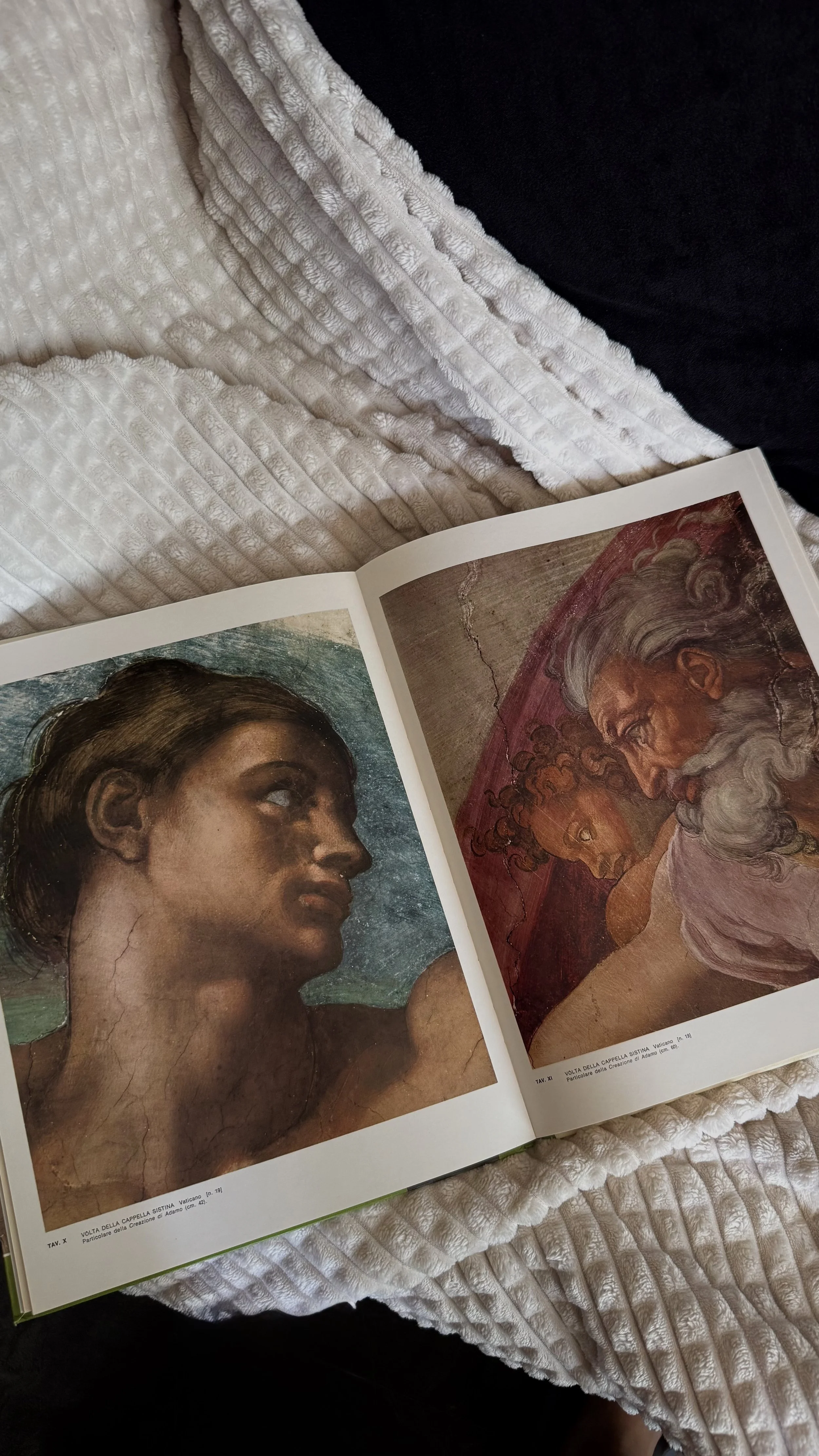 Open book featuring classical paintings of a woman and an older man with a long beard, on a textured white blanket.