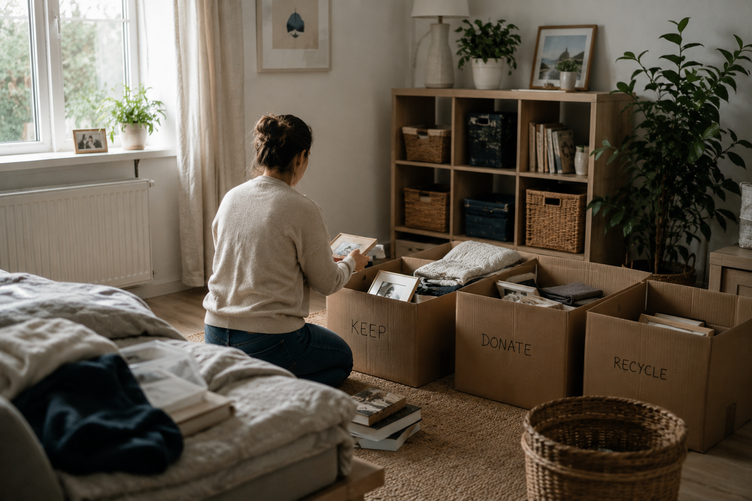 A woman organizing boxes of clothing and photos in a cozy living room with shelves, plants, and natural light.