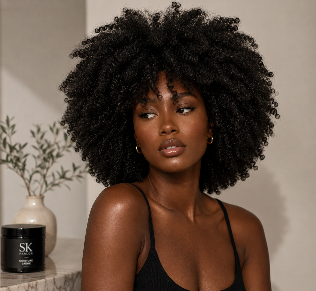 A woman with dark skin and voluminous curly hair looking to the side, wearing a black spaghetti strap top and gold hoop earrings, standing near a marble surface with a white vase with greenery and a black container labeled "SK Parlor Moisture Creel" in the background.