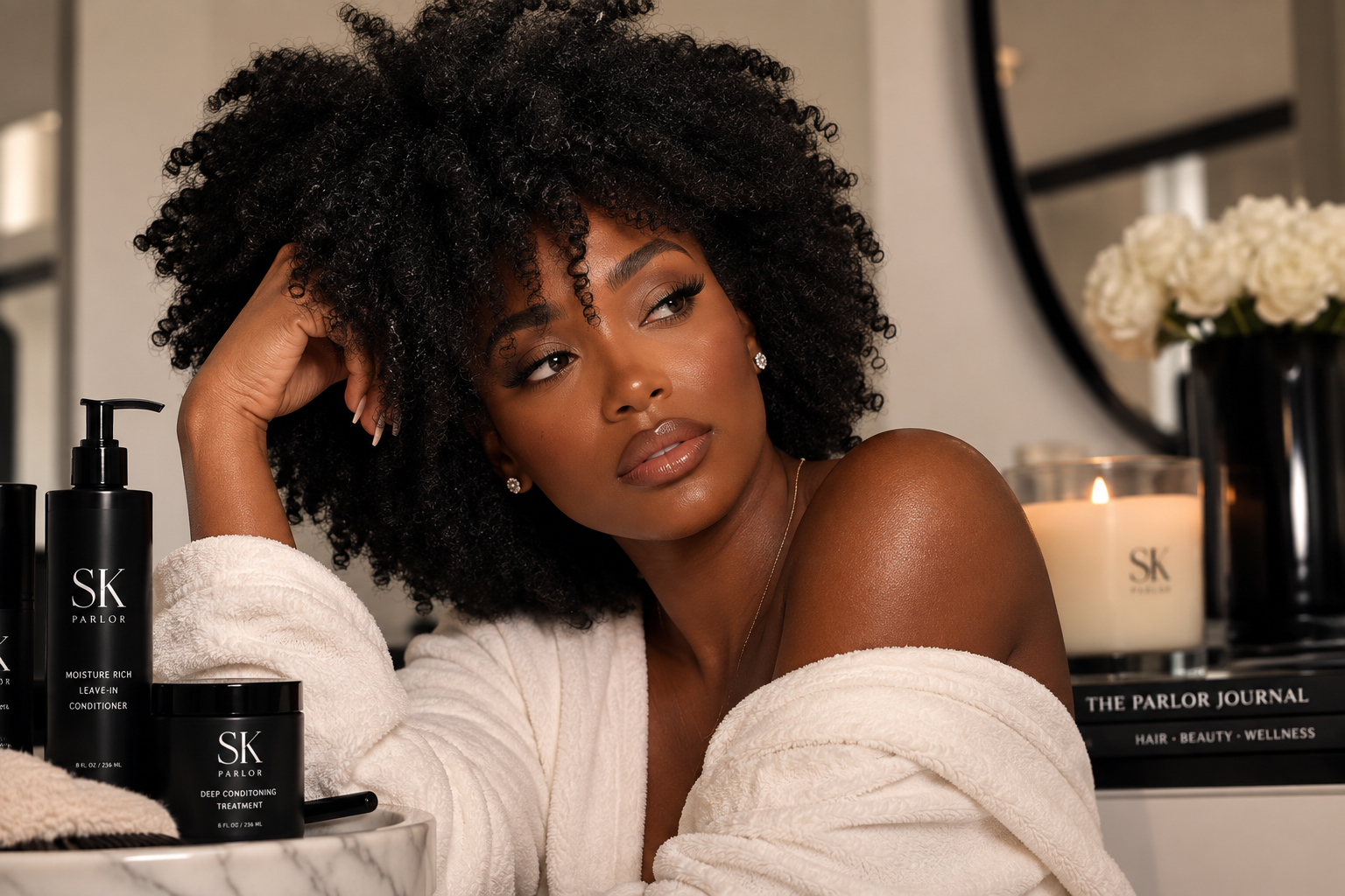 A woman with natural curly hair resting her head on her hand, looking thoughtfully to the side in a vanity area with skincare products, a lit candle, books, and white flowers arranged on a black tray.