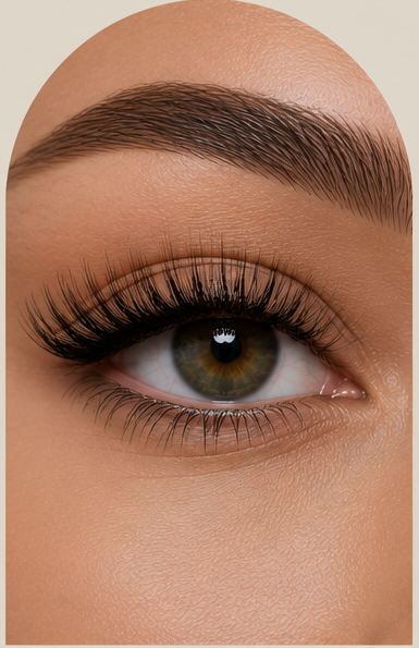 Close-up of a human eye with brown iris, long eyelashes, and well-groomed eyebrow.
