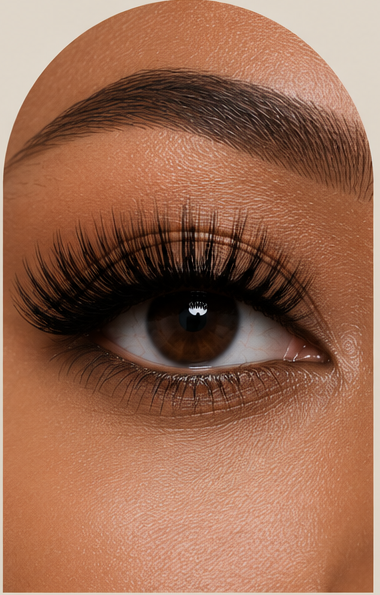Close-up of a woman’s eye with well-groomed eyebrow, long eyelashes, and brown iris.