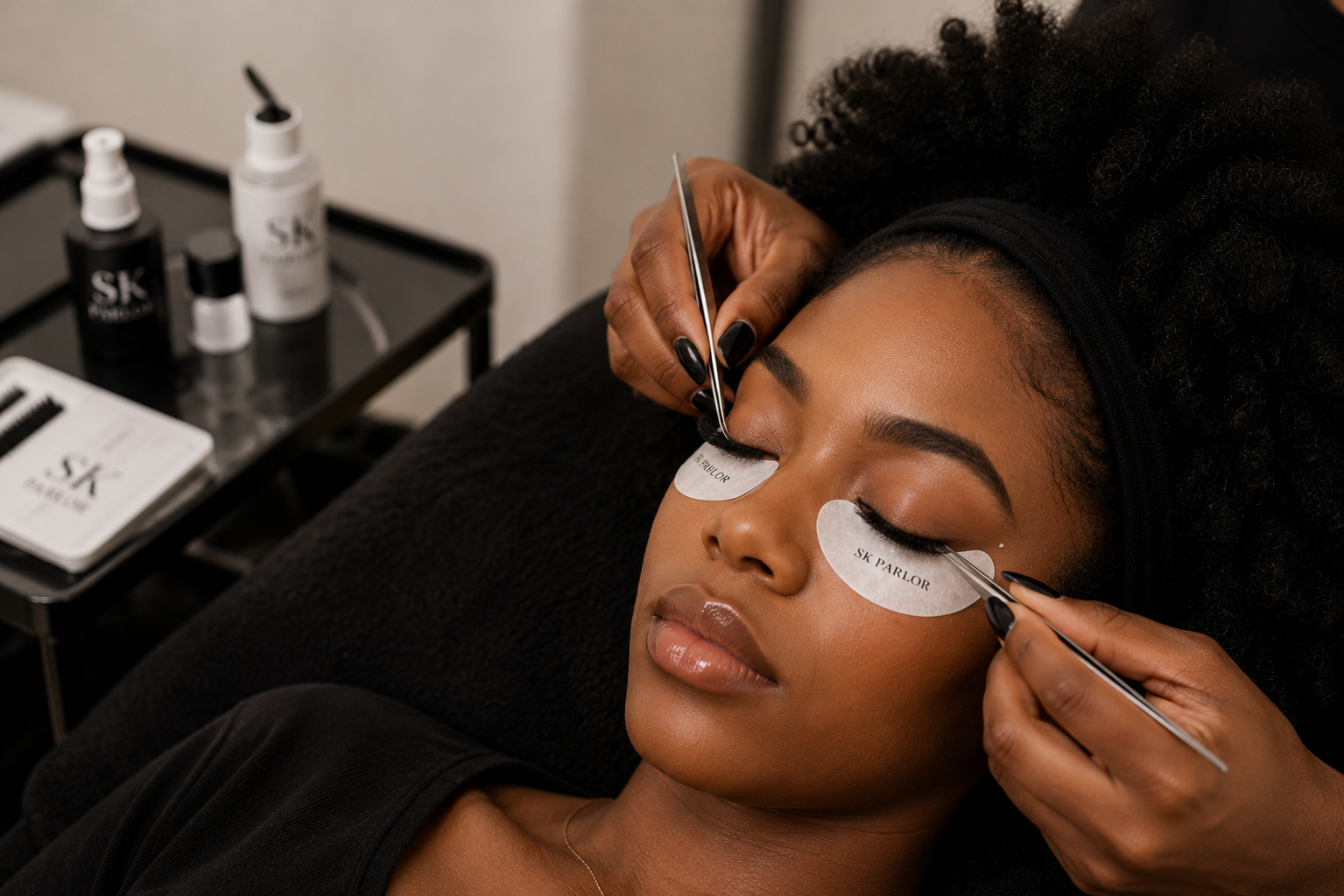 A woman receives eyelash extensions at a beauty salon, with eyelash pads under her eyes and a technician applying extensions with tweezers.