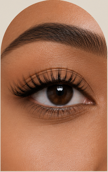 Close-up of a woman's eye with well-groomed eyebrow, long eyelashes, and brown iris.